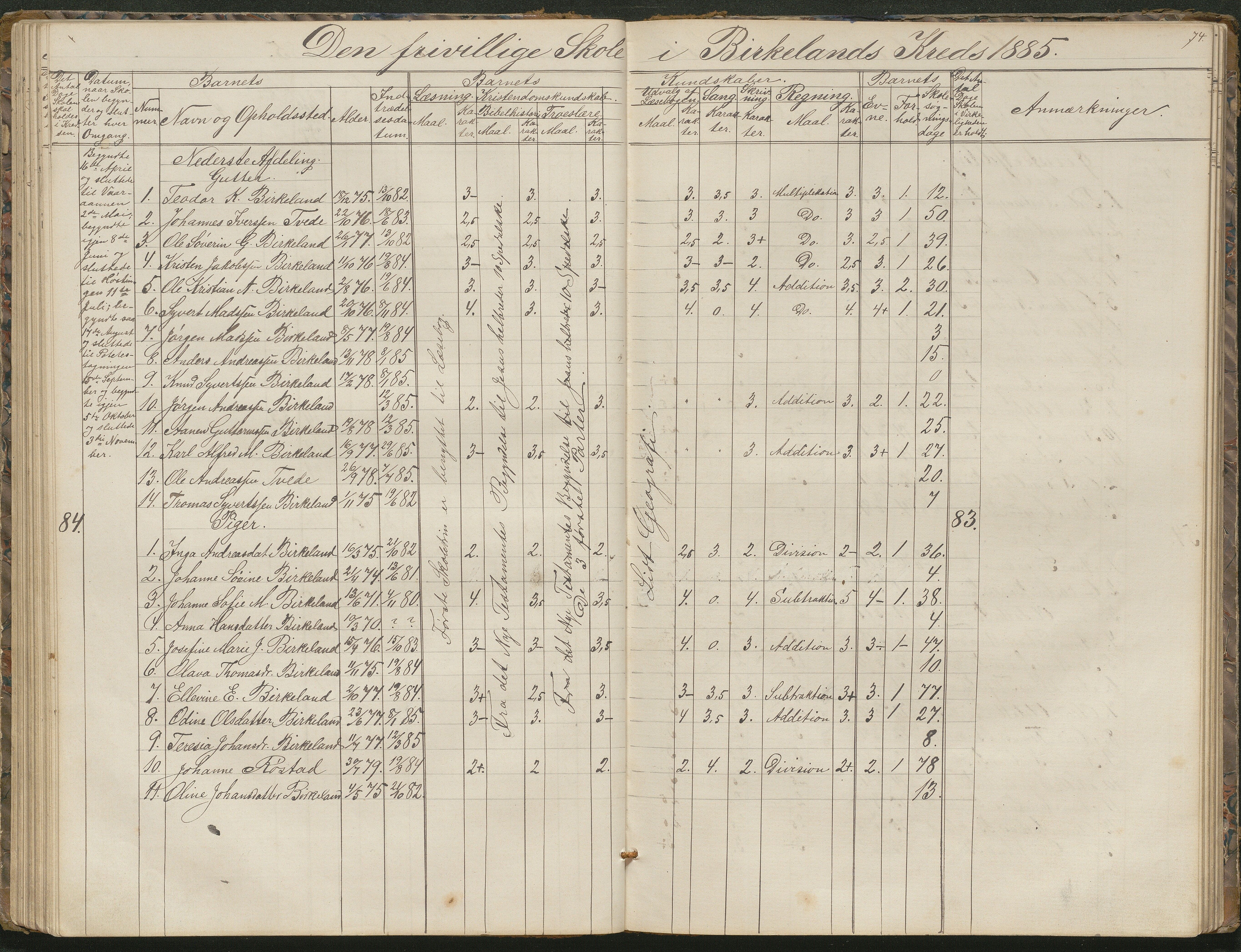 Birkenes kommune, Birkenes krets/Birkeland folkeskole frem til 1991, AAKS/KA0928-550a_91/F02/L0001: Skoleprotokoll, 1862-1896, p. 74