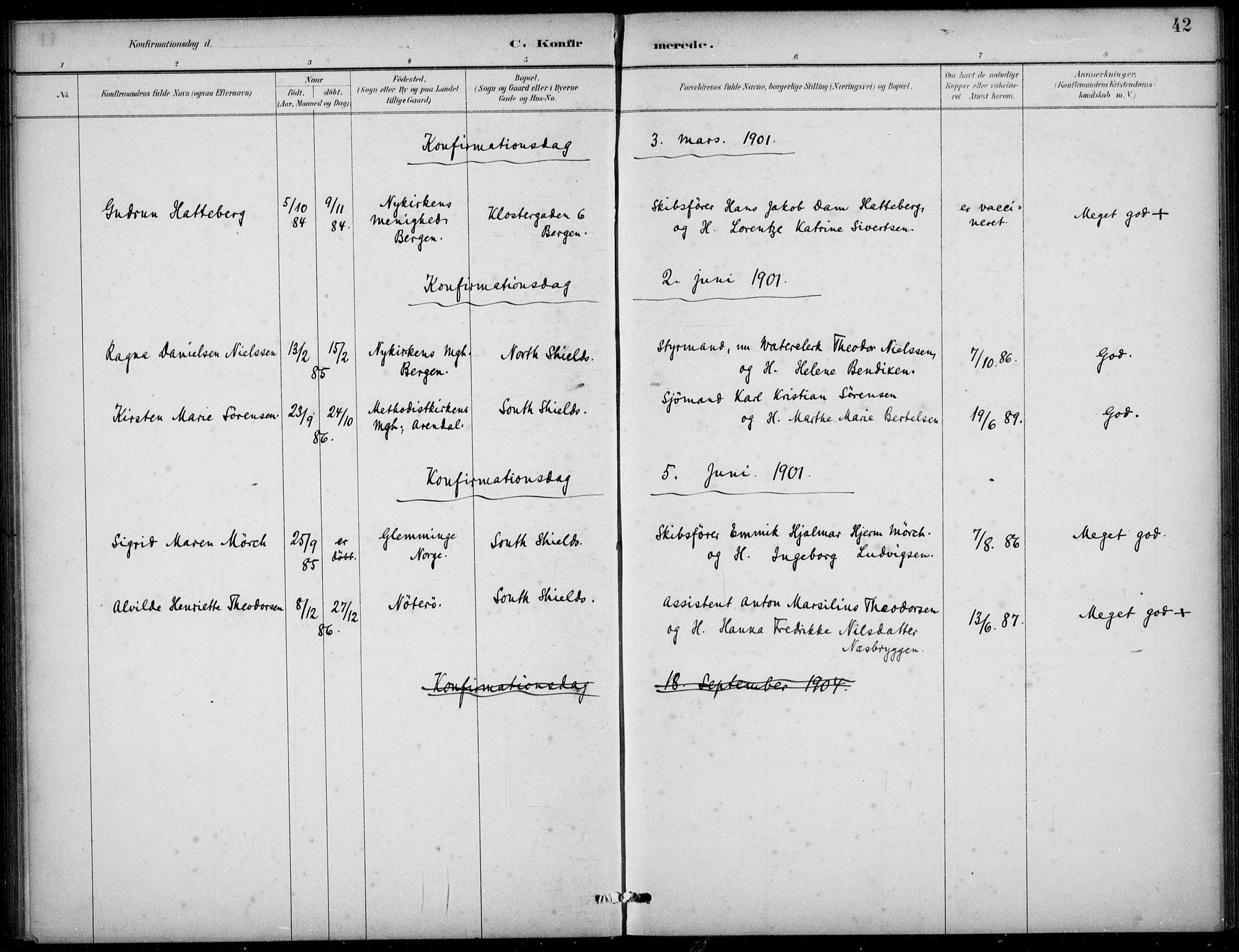 Den norske sjømannsmisjon i utlandet/Tyne-havnene (North Shields og New Castle), SAB/SAB/PA-0101/H/Ha/L0002: Parish register (official) no. A 2, 1883-1938, p. 42