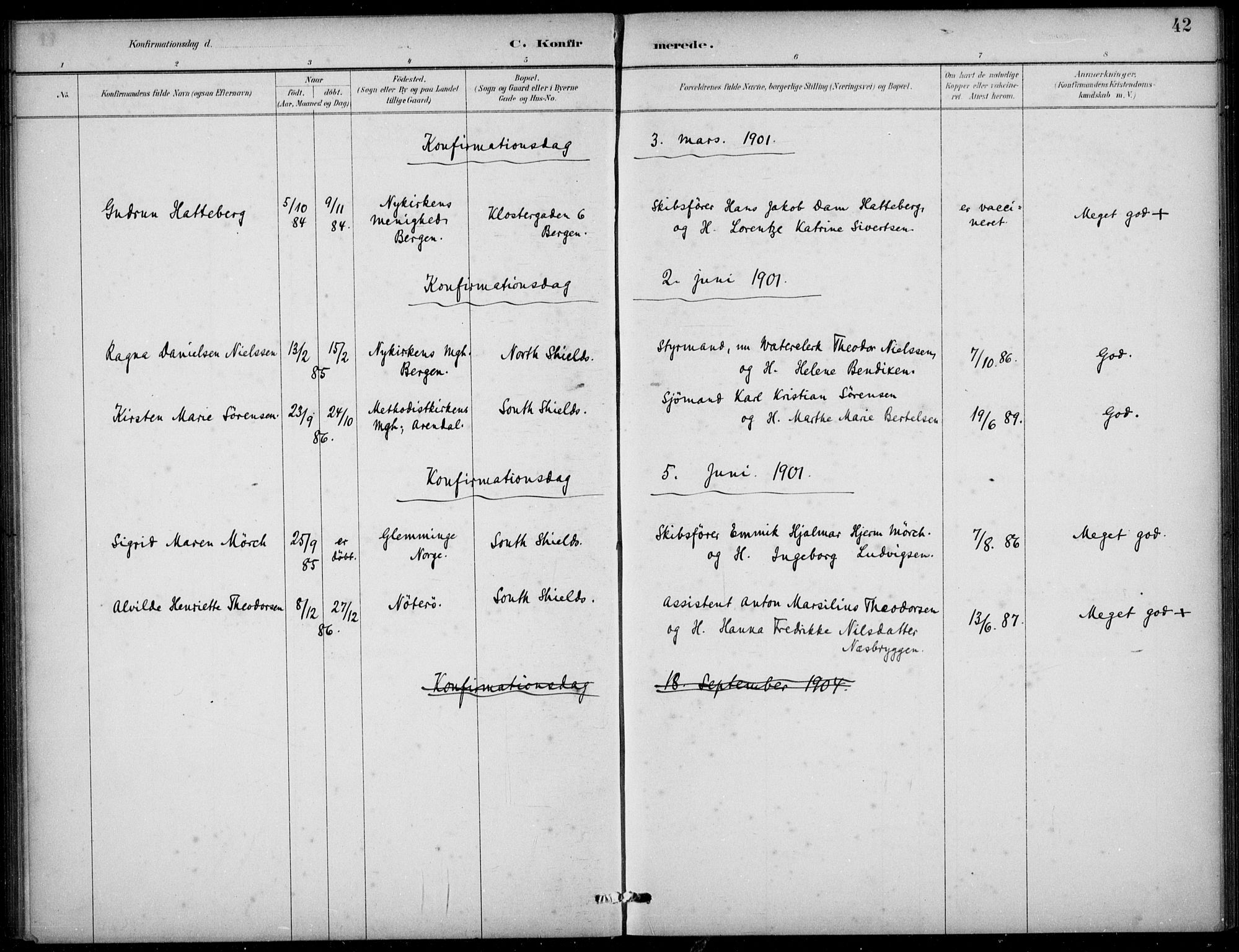 Den norske sjømannsmisjon i utlandet/Tyne-havnene (North Shields og New Castle), AV/SAB-SAB/PA-0101/H/Ha/L0002: Parish register (official) no. A 2, 1883-1938, p. 42