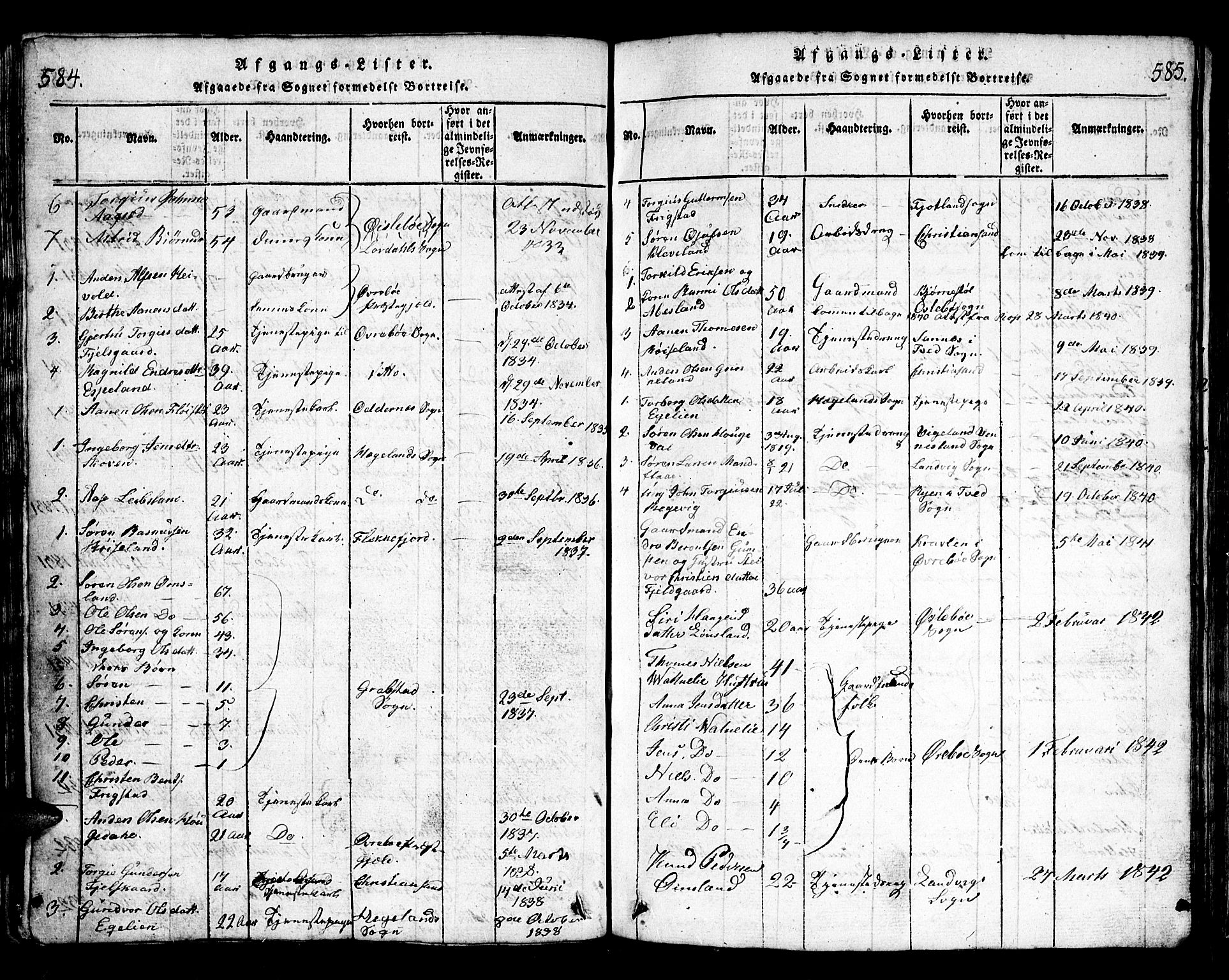 Bjelland sokneprestkontor, SAK/1111-0005/F/Fb/Fbb/L0003: Parish register (copy) no. B 3, 1816-1868, p. 584-585