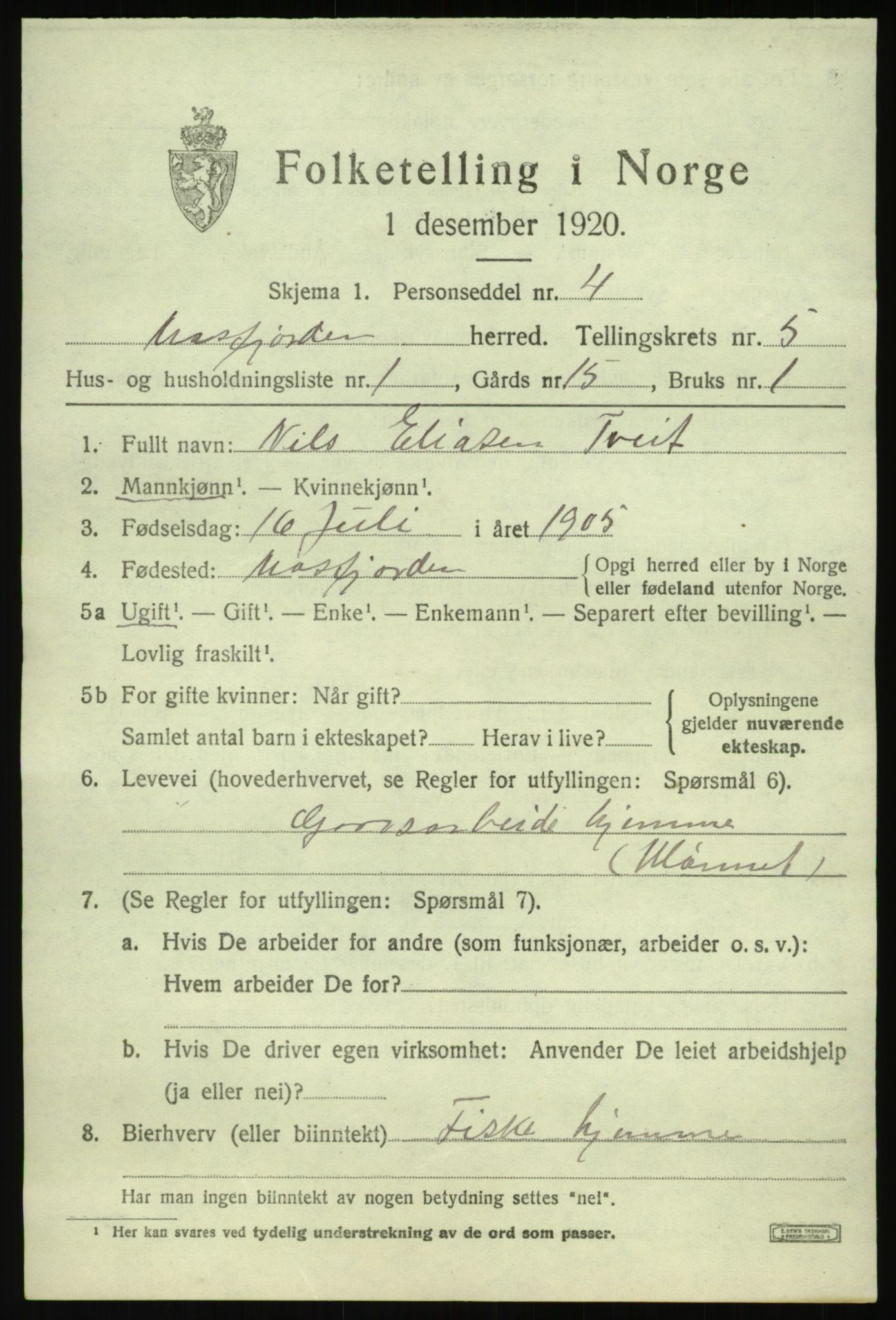 SAB, 1920 census for Masfjorden, 1920, p. 2065