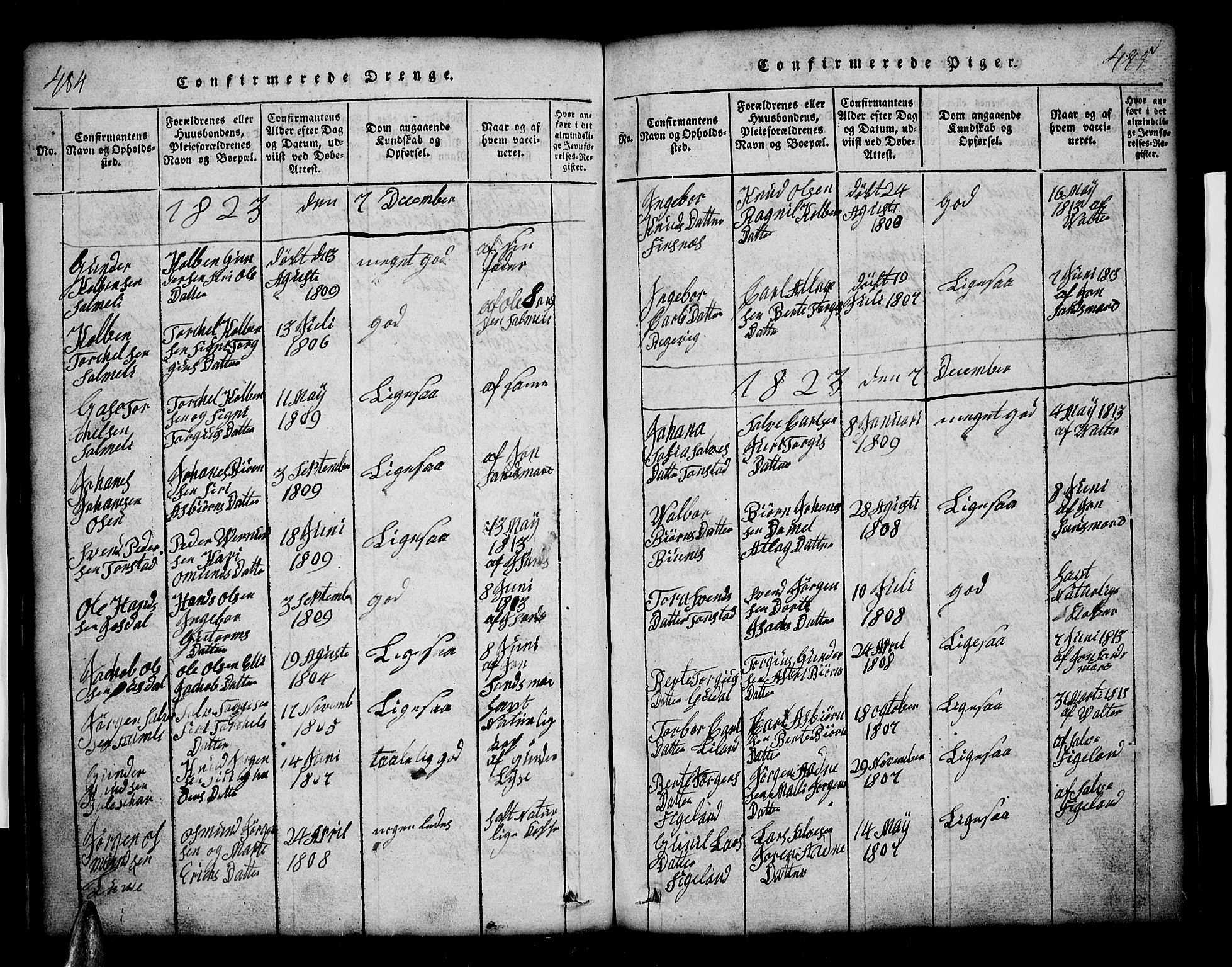 Sirdal sokneprestkontor, SAK/1111-0036/F/Fb/Fbb/L0001: Parish register (copy) no. B 1, 1815-1834, p. 484-485