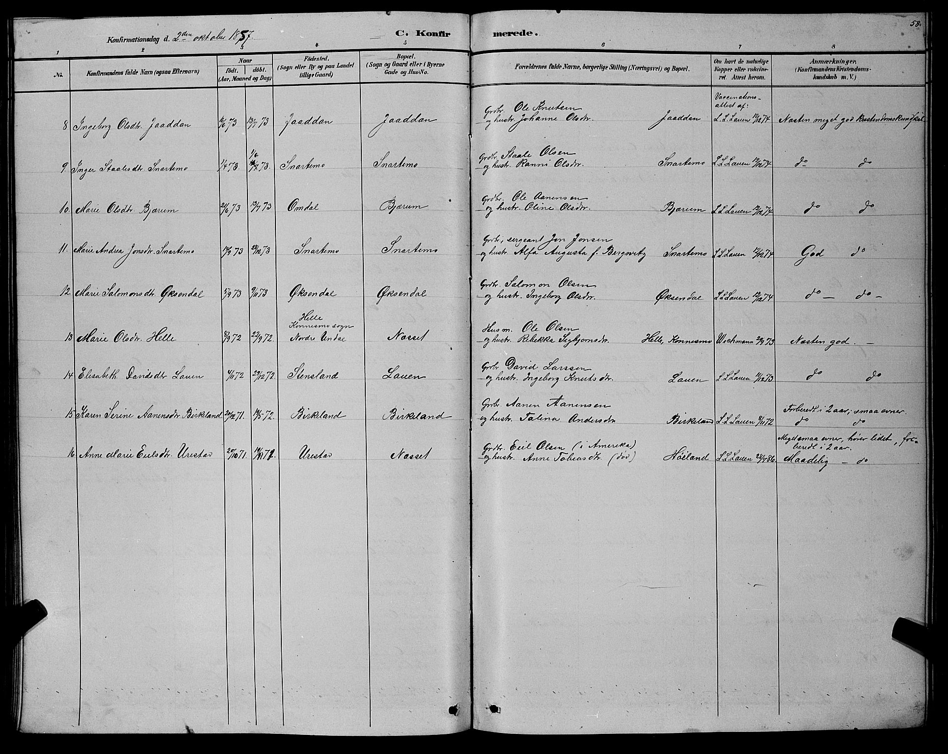 Hægebostad sokneprestkontor, SAK/1111-0024/F/Fb/Fba/L0003: Parish register (copy) no. B 3, 1883-1896, p. 58
