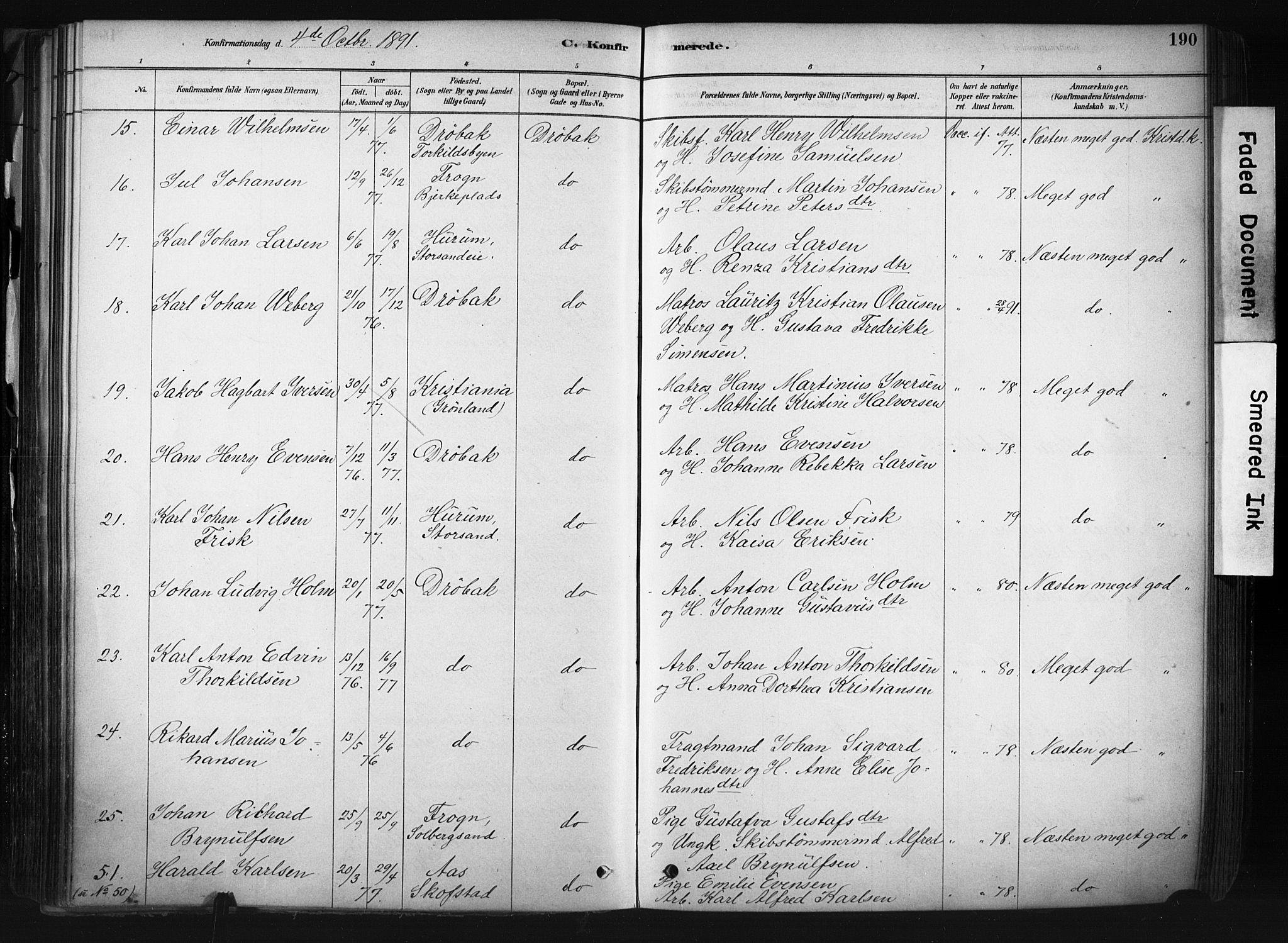 Drøbak prestekontor Kirkebøker, AV/SAO-A-10142a/F/Fb/L0001: Parish register (official) no. II 1, 1878-1891, p. 190