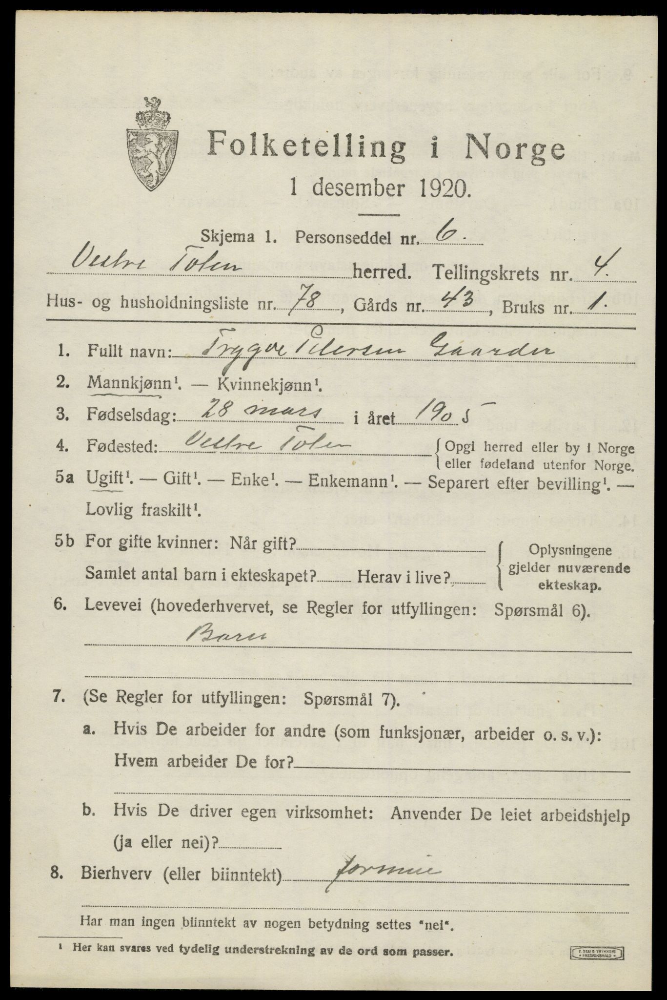 SAH, 1920 census for Vestre Toten, 1920, p. 7150