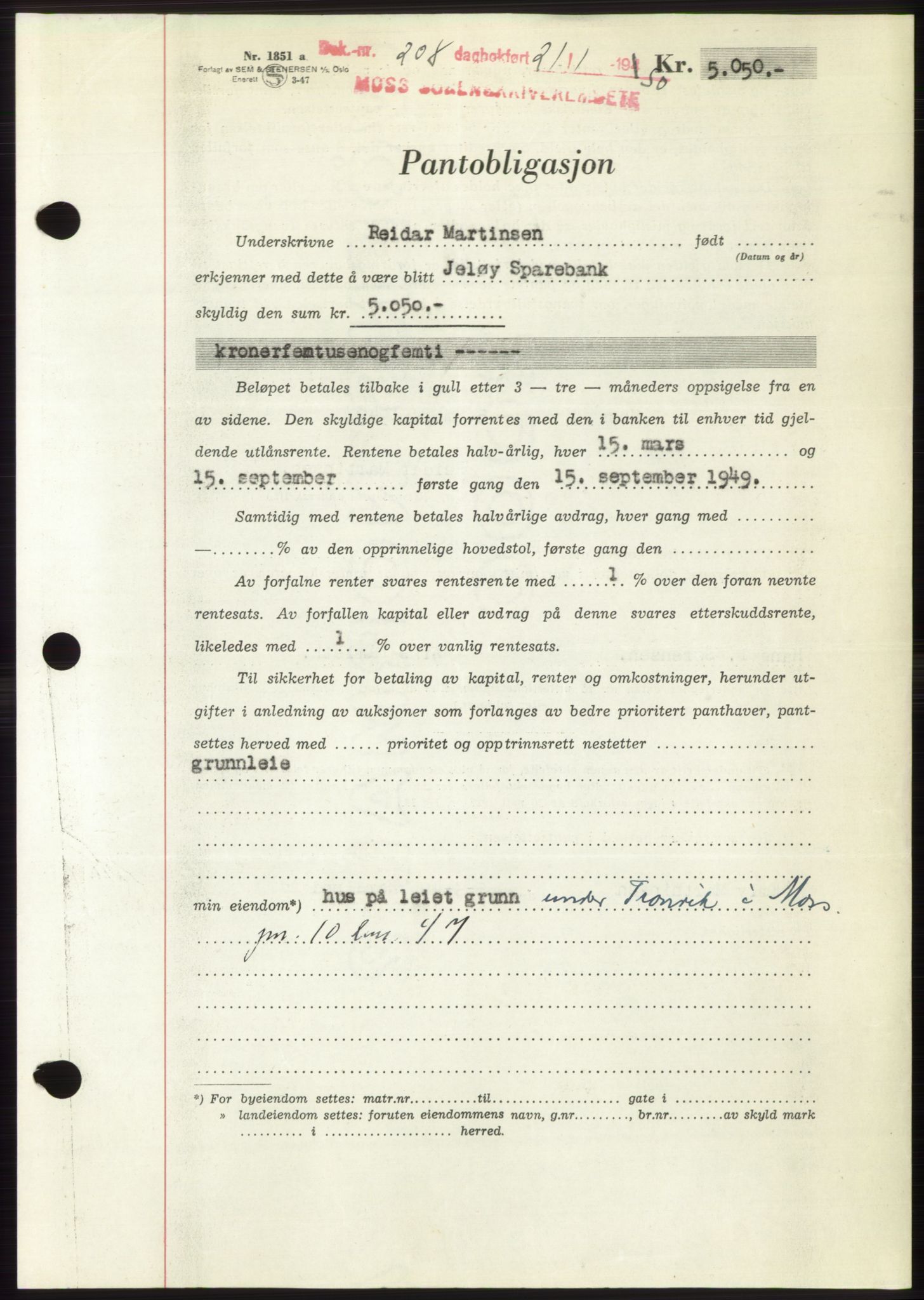 Moss sorenskriveri, SAO/A-10168: Mortgage book no. B23, 1949-1950, Diary no: : 208/1950