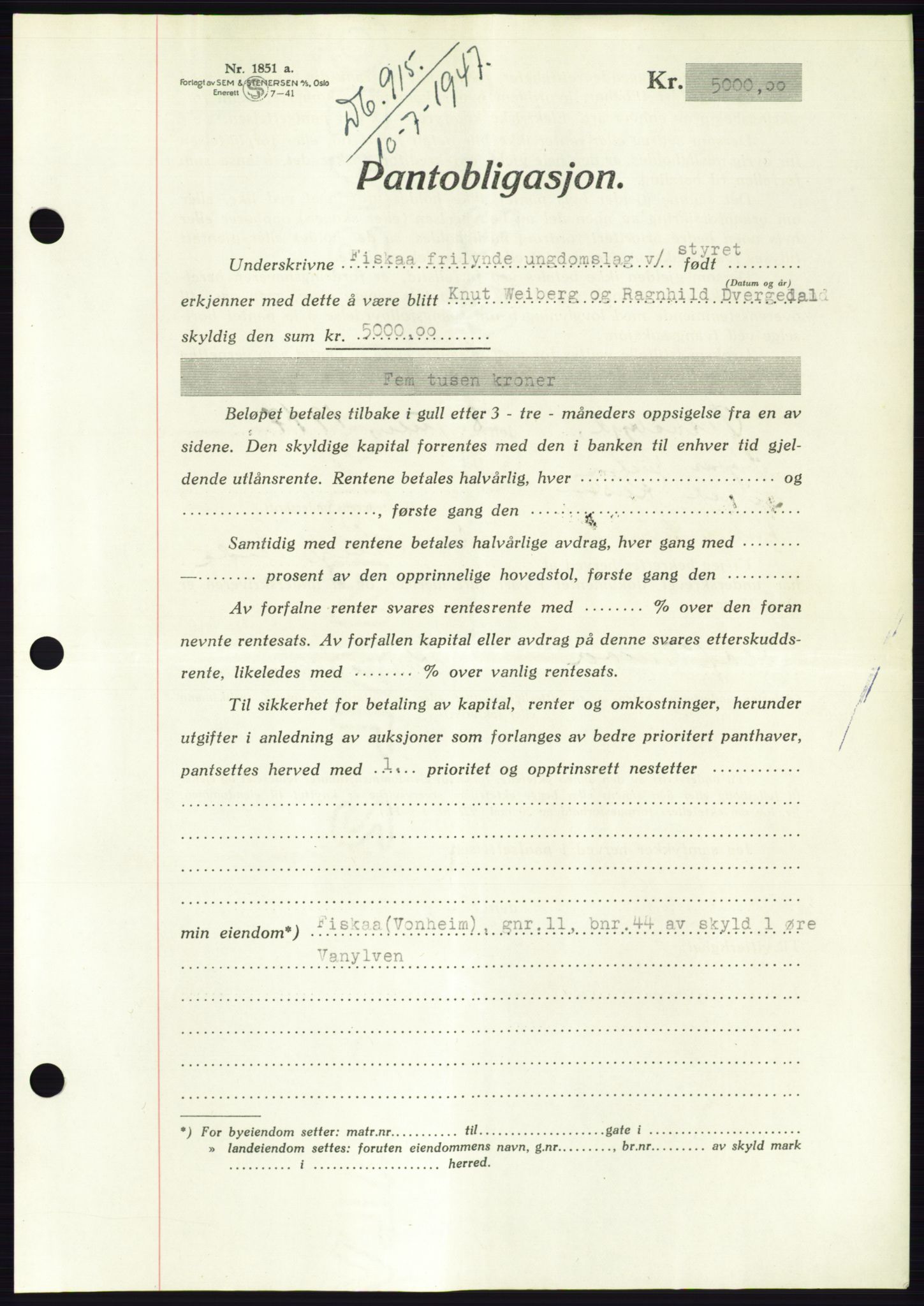 Søre Sunnmøre sorenskriveri, AV/SAT-A-4122/1/2/2C/L0115: Mortgage book no. 3B, 1947-1948, Diary no: : 915/1947