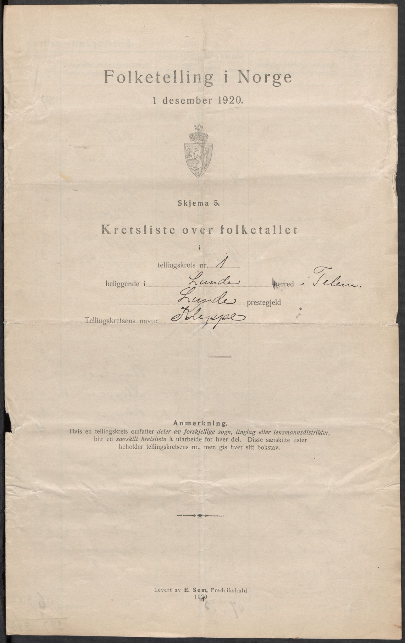 SAKO, 1920 census for Lunde, 1920, p. 6