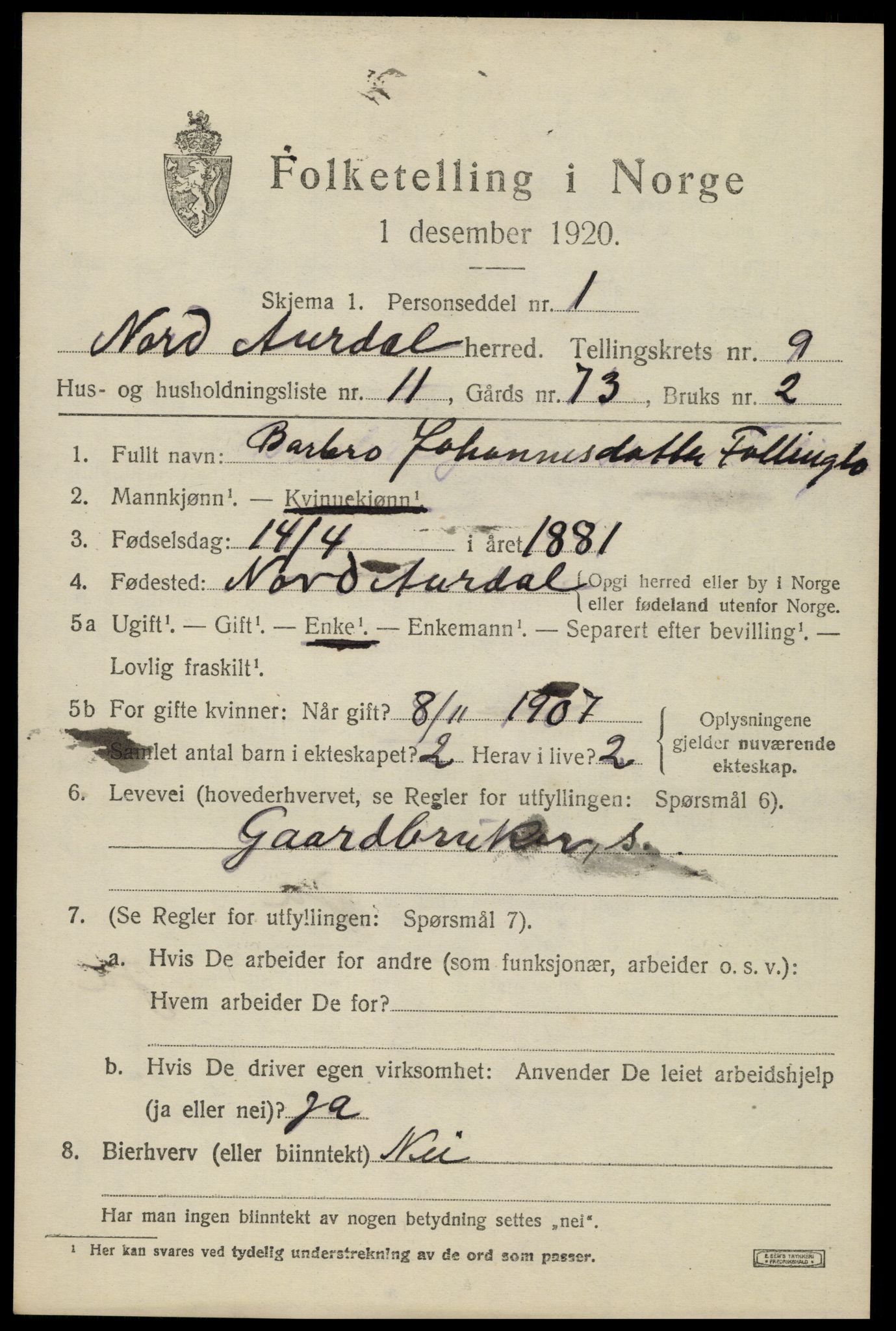 SAH, 1920 census for Nord-Aurdal, 1920, p. 7618