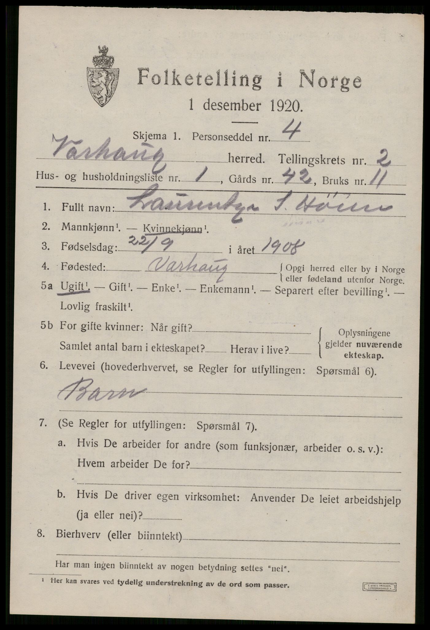 SAST, 1920 census for Varhaug, 1920, p. 1993