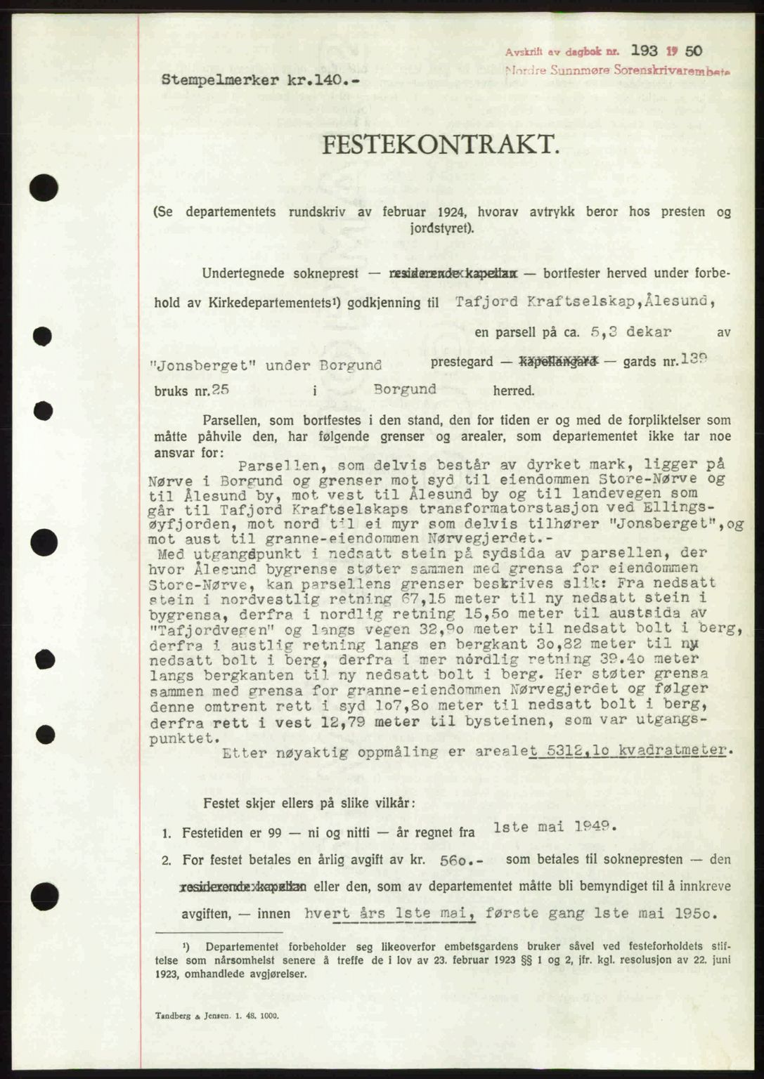 Nordre Sunnmøre sorenskriveri, AV/SAT-A-0006/1/2/2C/2Ca: Mortgage book no. A33, 1949-1950, Diary no: : 193/1950