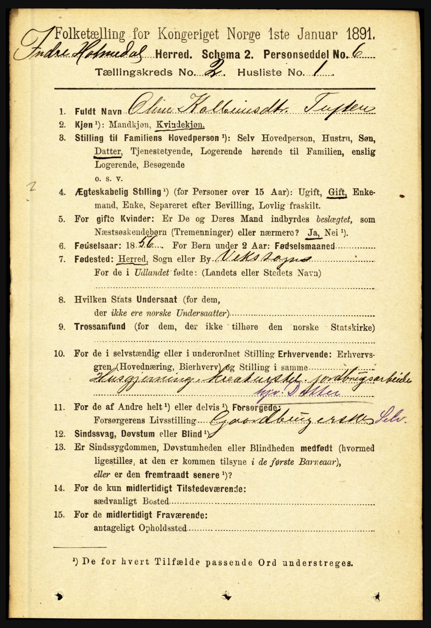 RA, 1891 census for 1430 Indre Holmedal, 1891, p. 462