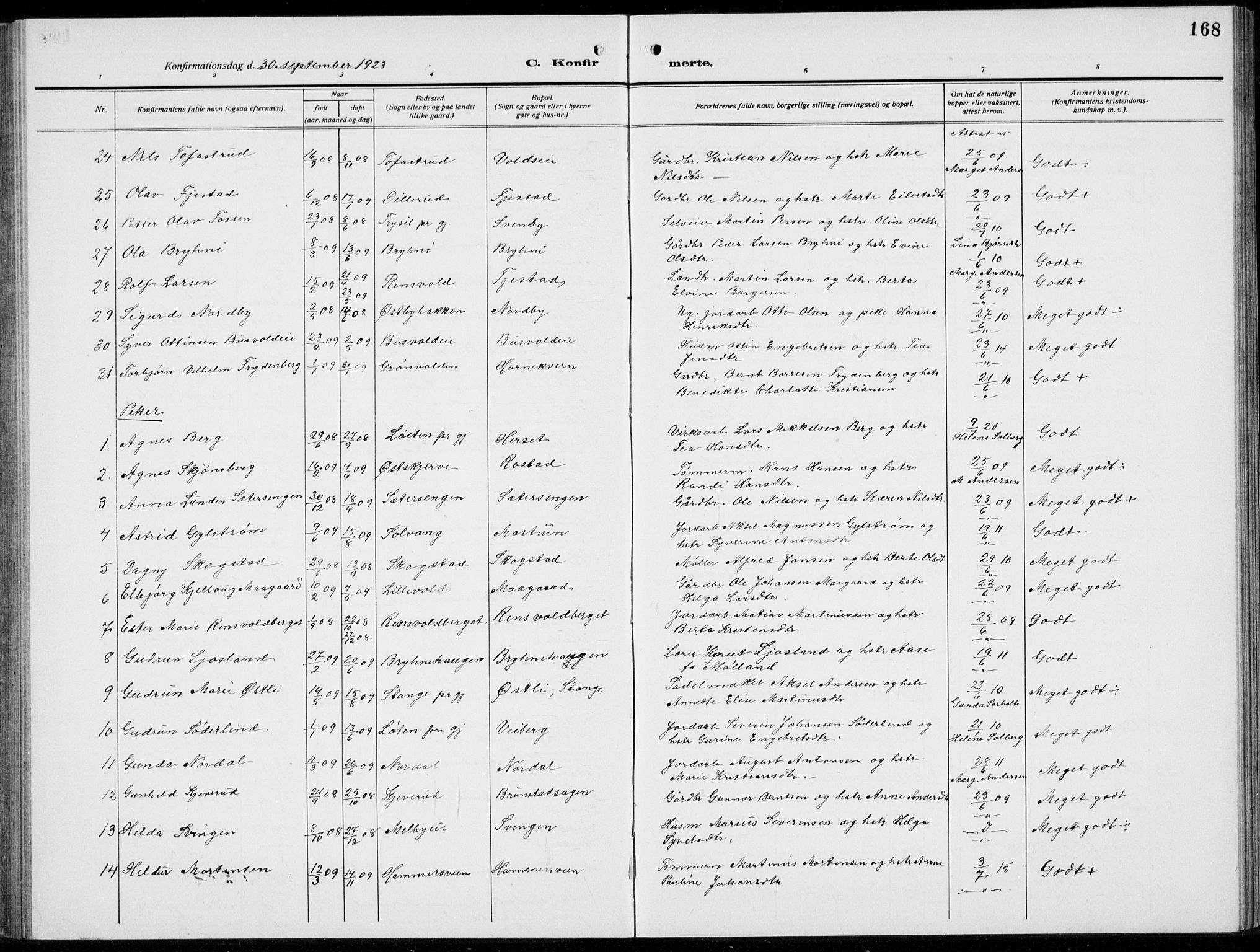 Romedal prestekontor, AV/SAH-PREST-004/L/L0014: Parish register (copy) no. 14, 1915-1939, p. 168