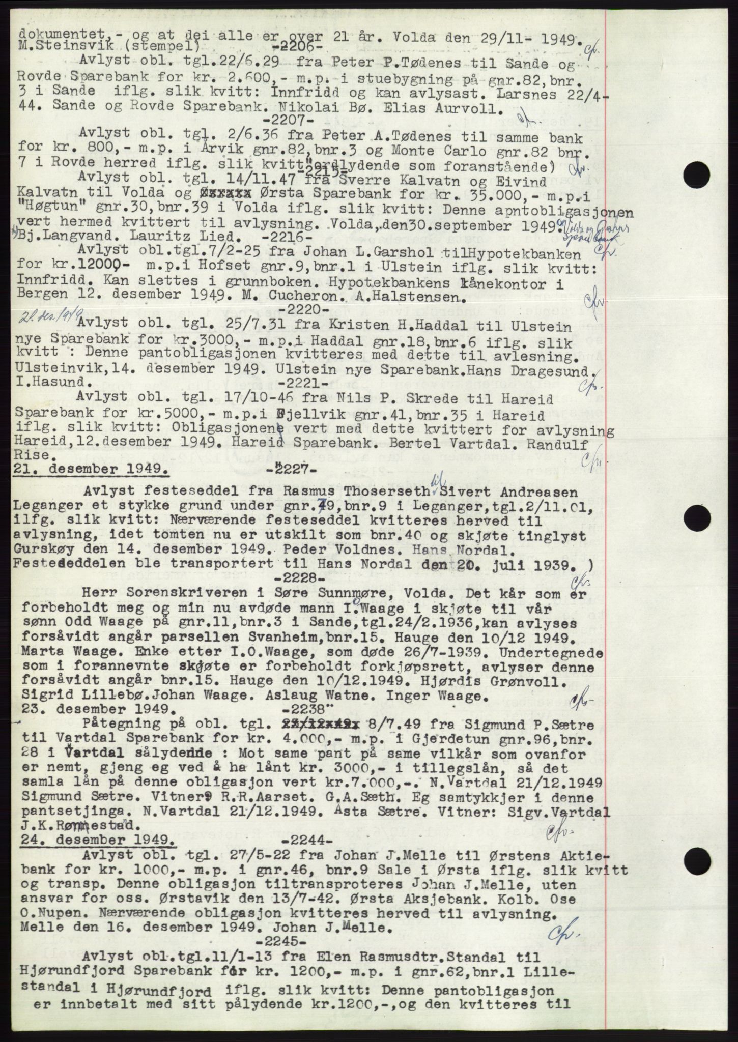 Søre Sunnmøre sorenskriveri, AV/SAT-A-4122/1/2/2C/L0072: Mortgage book no. 66, 1941-1955, Diary no: : 2206/1949