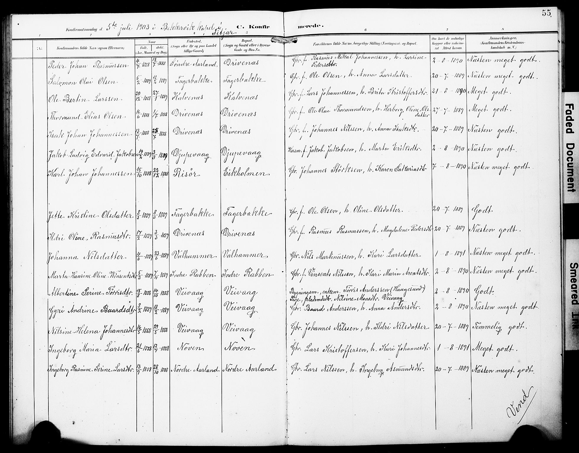 Austevoll Sokneprestembete, SAB/A-74201/H/Hab: Parish register (copy) no. B 5, 1902-1910, p. 55