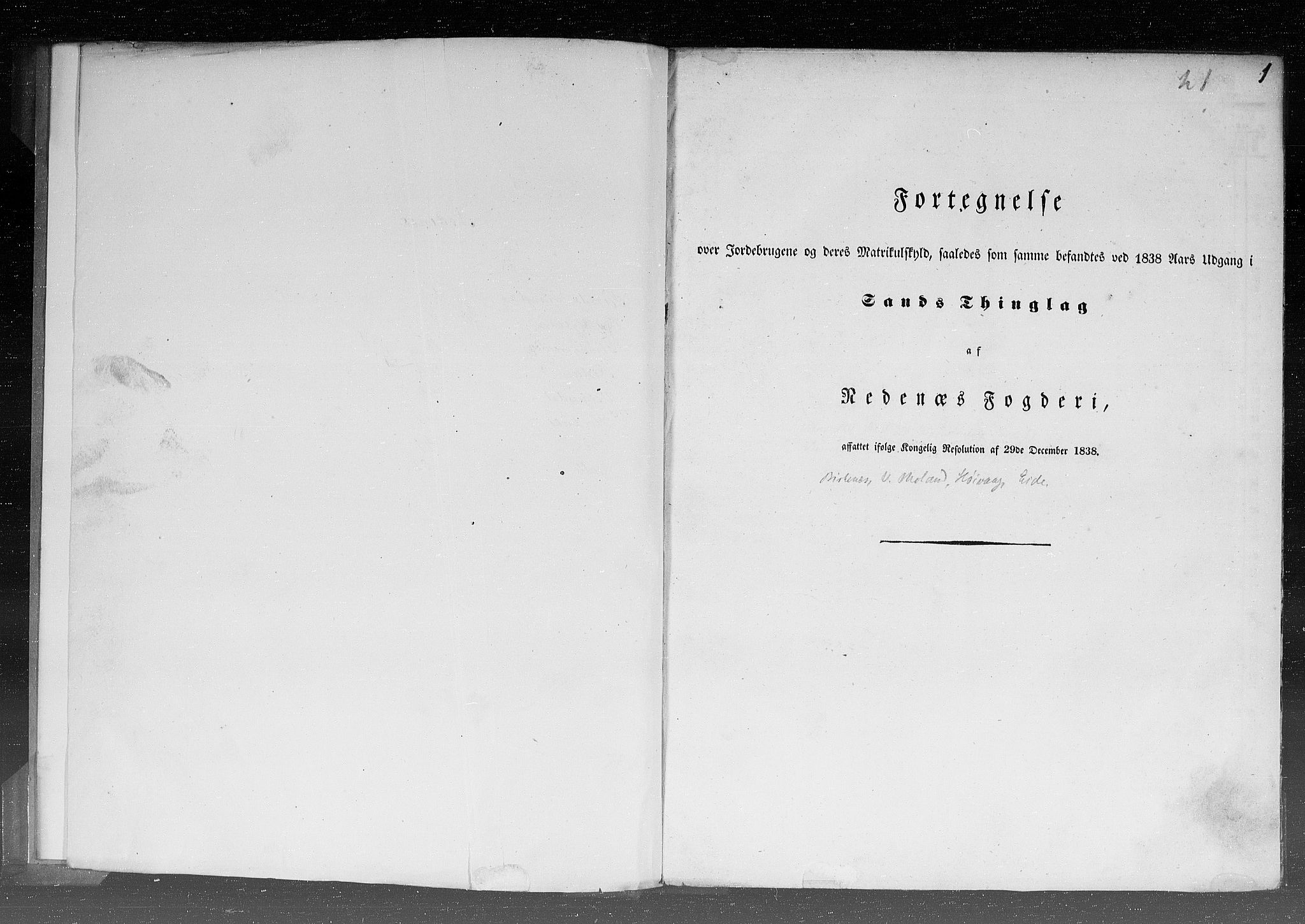 Rygh, AV/RA-PA-0034/F/Fb/L0008: Matrikkelen for 1838 - Nedenes amt (Aust-Agder fylke), 1838, p. 1a