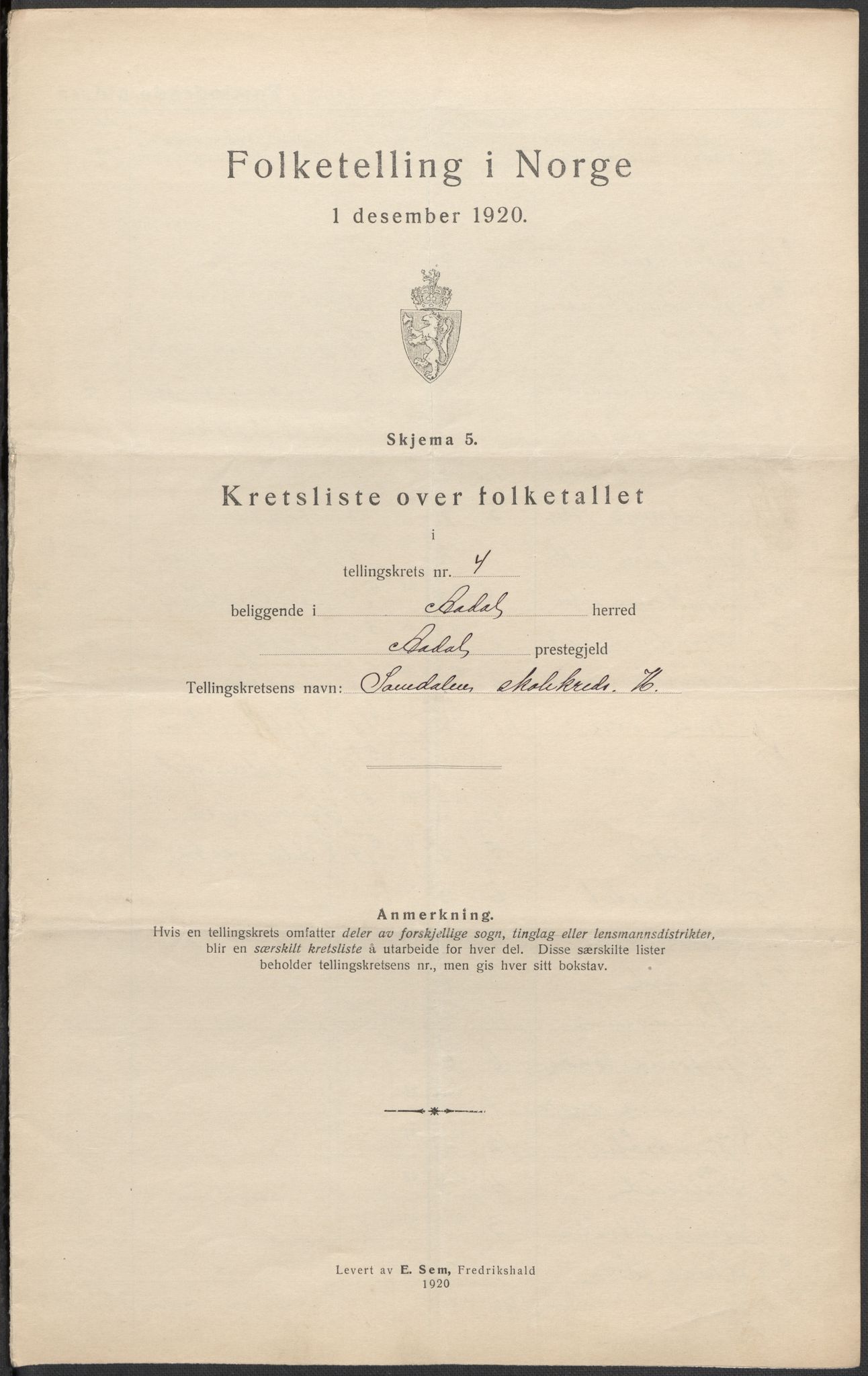 SAKO, 1920 census for Ådal, 1920, p. 15