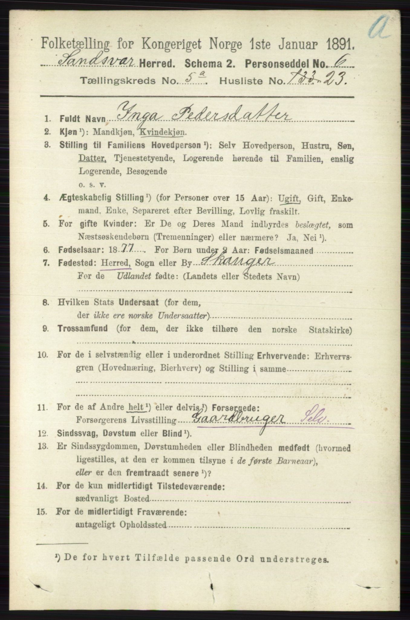 RA, 1891 census for 0629 Sandsvær, 1891, p. 2612