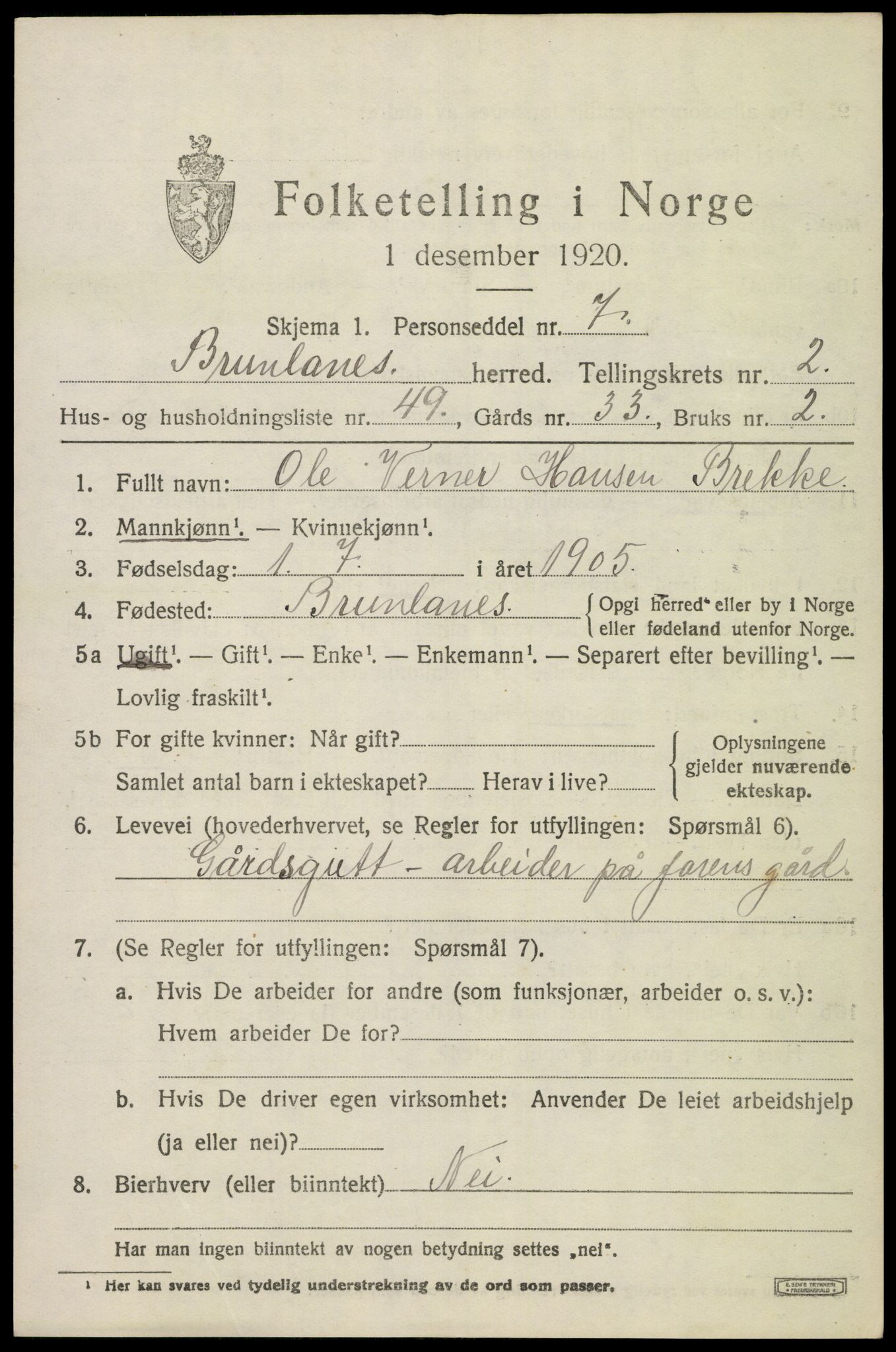 SAKO, 1920 census for Brunlanes, 1920, p. 3833