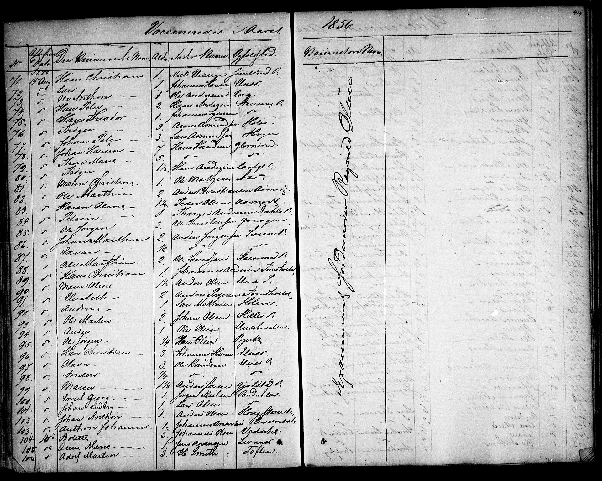 Rakkestad prestekontor Kirkebøker, AV/SAO-A-2008/F/Fa/L0009: Parish register (official) no. I 9, 1850-1856, p. 414