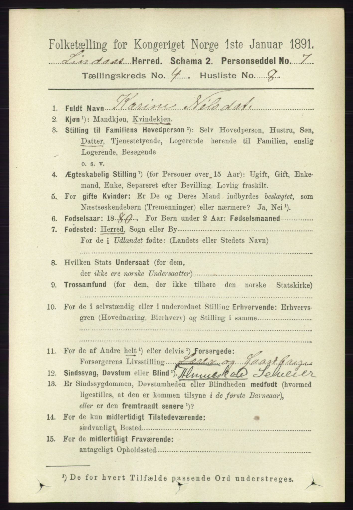 RA, 1891 census for 1263 Lindås, 1891, p. 1183