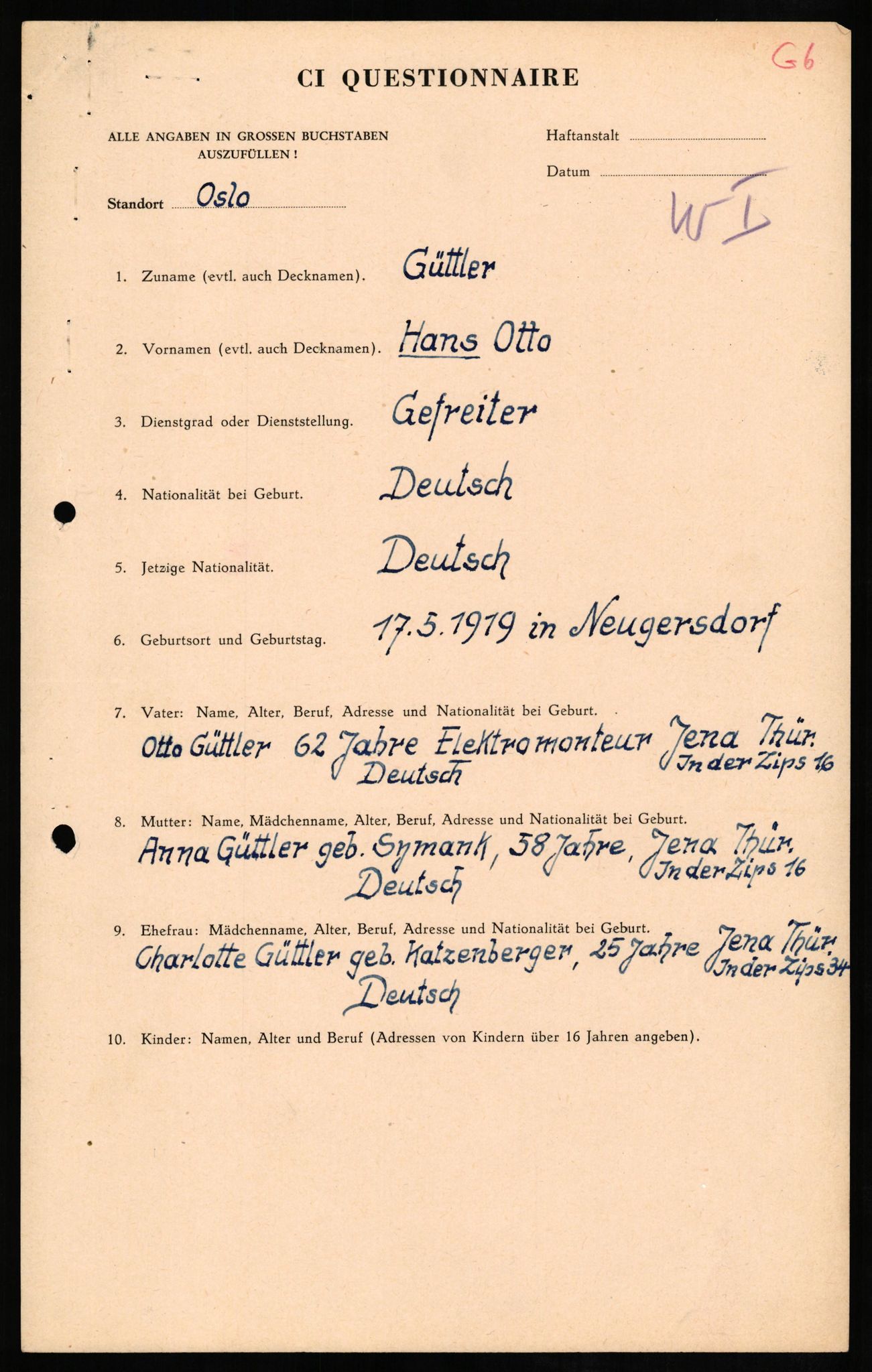 Forsvaret, Forsvarets overkommando II, RA/RAFA-3915/D/Db/L0011: CI Questionaires. Tyske okkupasjonsstyrker i Norge. Tyskere., 1945-1946, p. 15