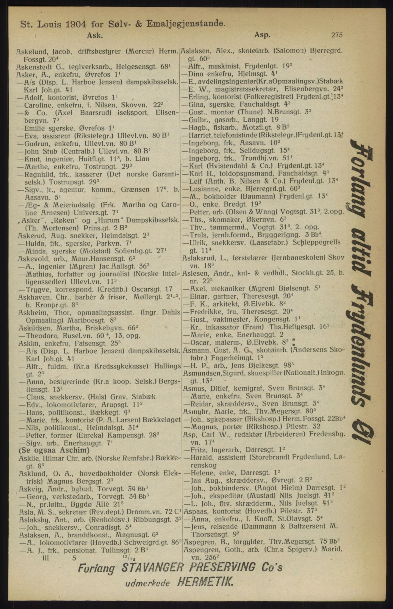 Kristiania/Oslo adressebok, PUBL/-, 1914, p. 275