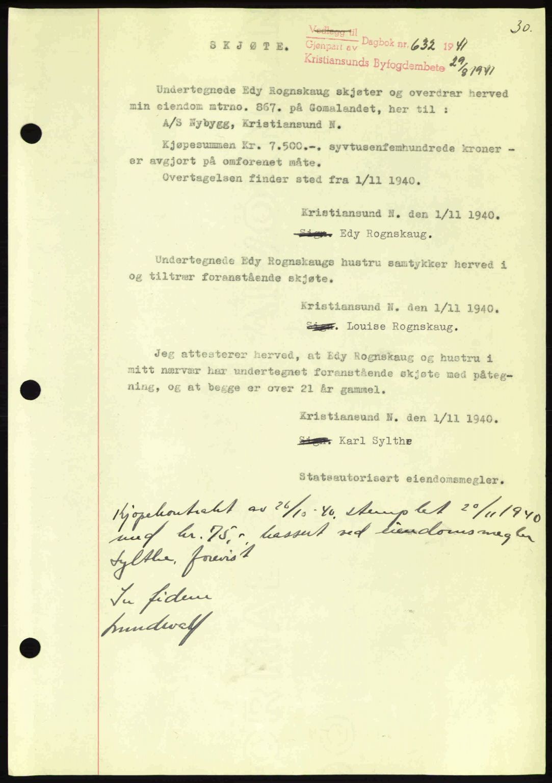 Kristiansund byfogd, AV/SAT-A-4587/A/27: Mortgage book no. 34, 1941-1945, Diary no: : 631/1941