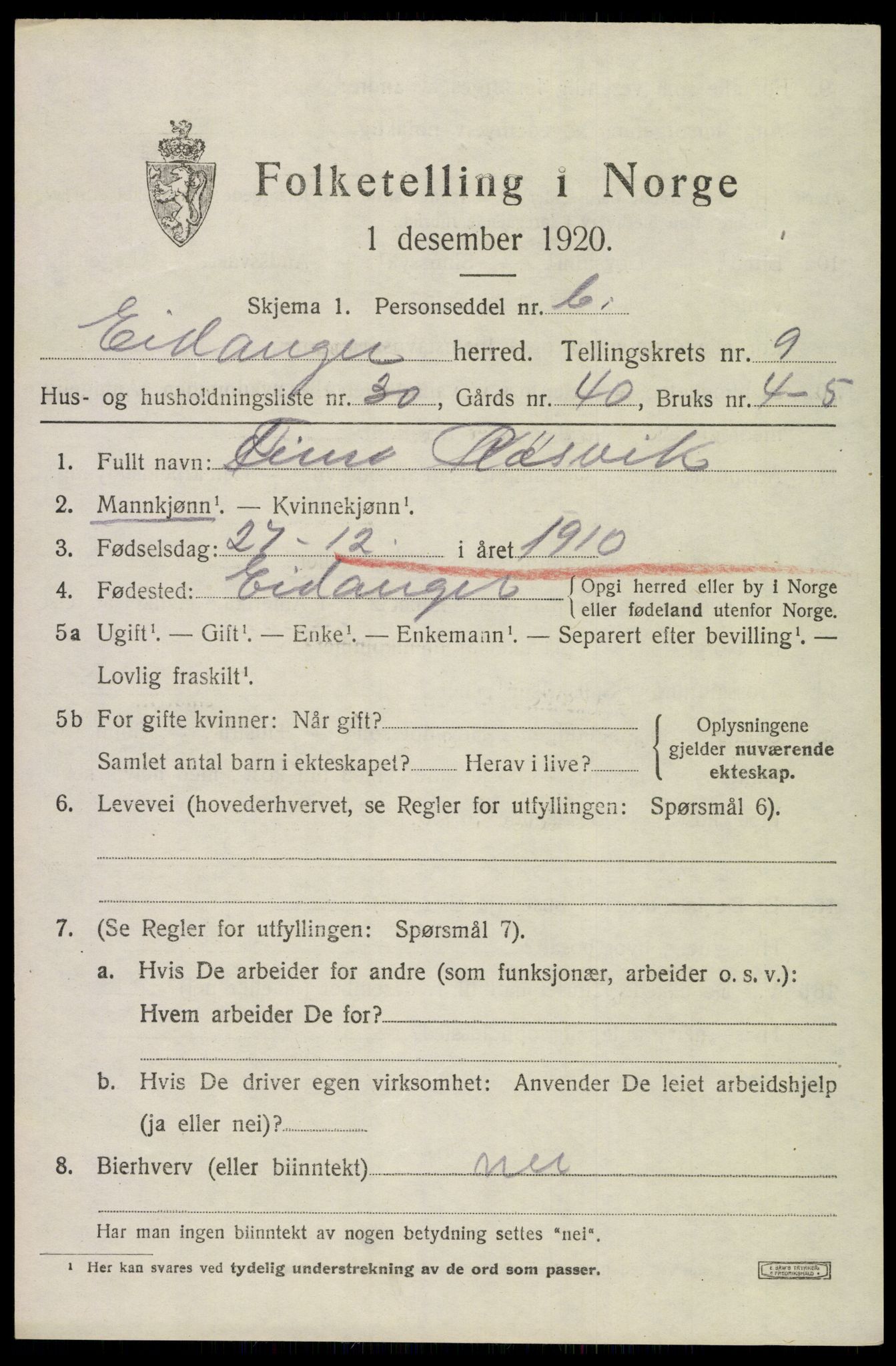 SAKO, 1920 census for Eidanger, 1920, p. 6200