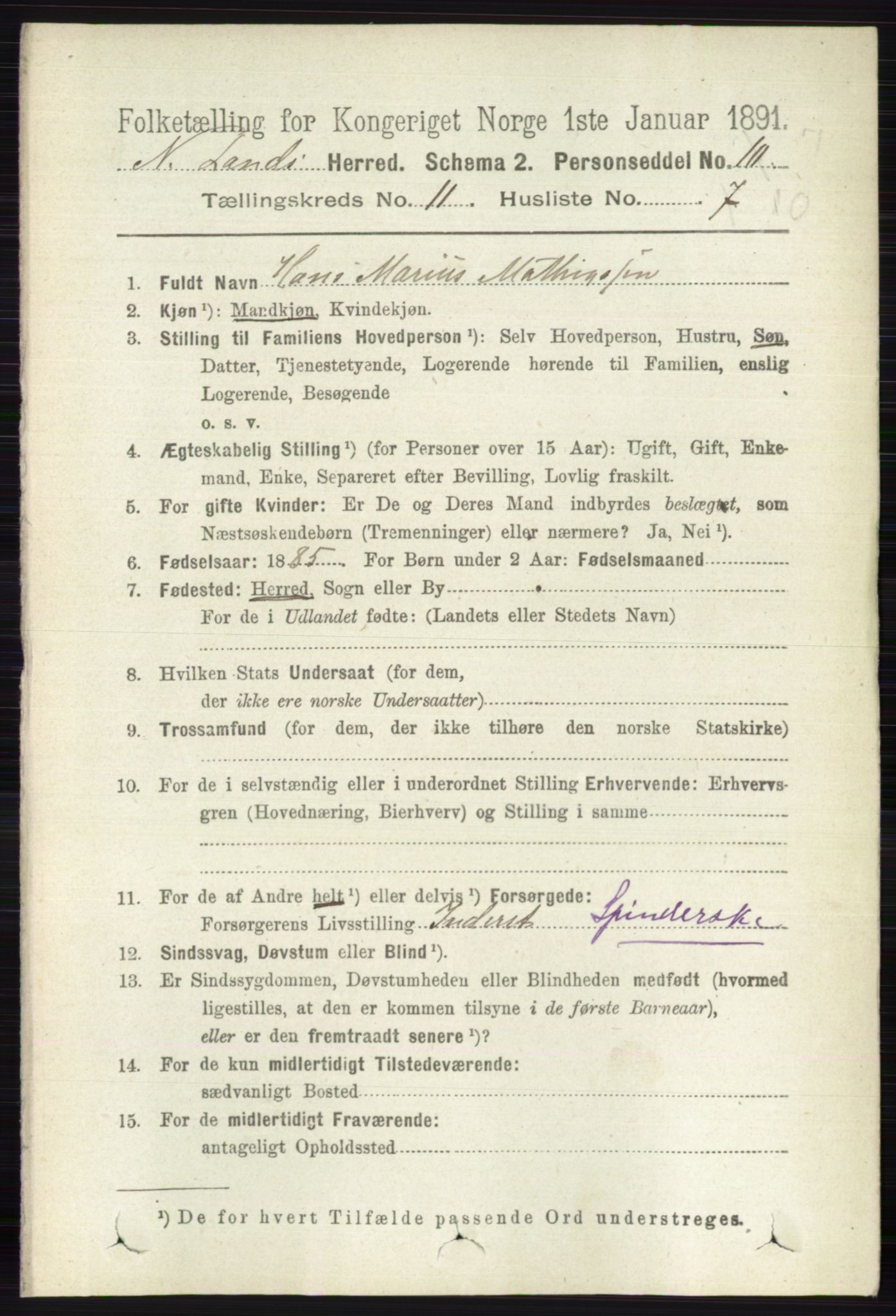 RA, 1891 census for 0538 Nordre Land, 1891, p. 3079