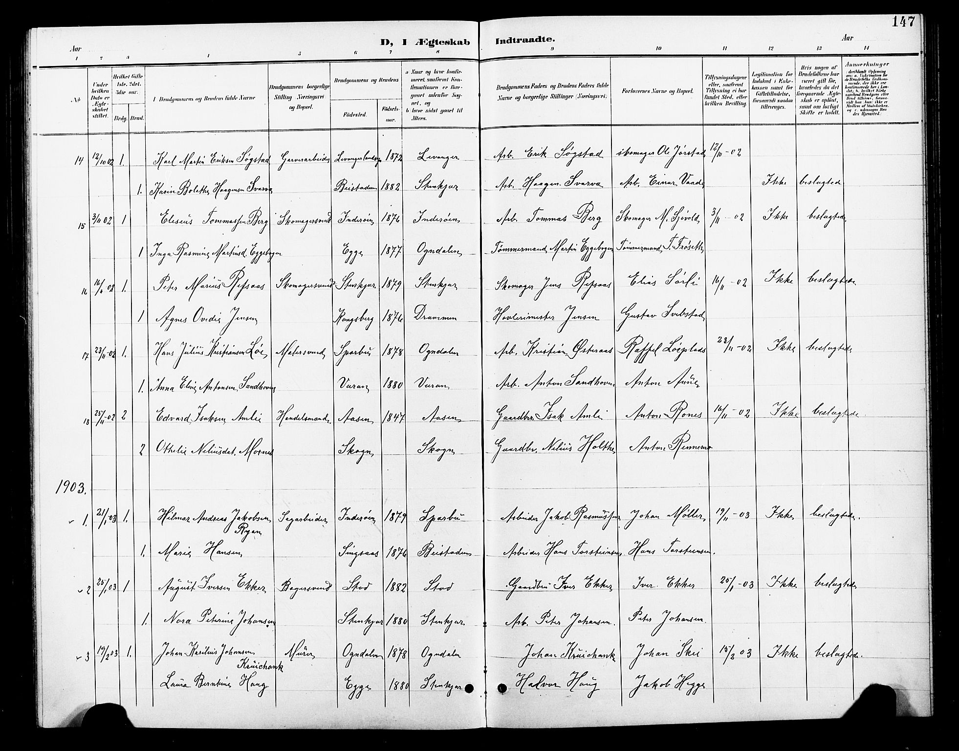 Ministerialprotokoller, klokkerbøker og fødselsregistre - Nord-Trøndelag, SAT/A-1458/739/L0375: Parish register (copy) no. 739C03, 1898-1908, p. 147