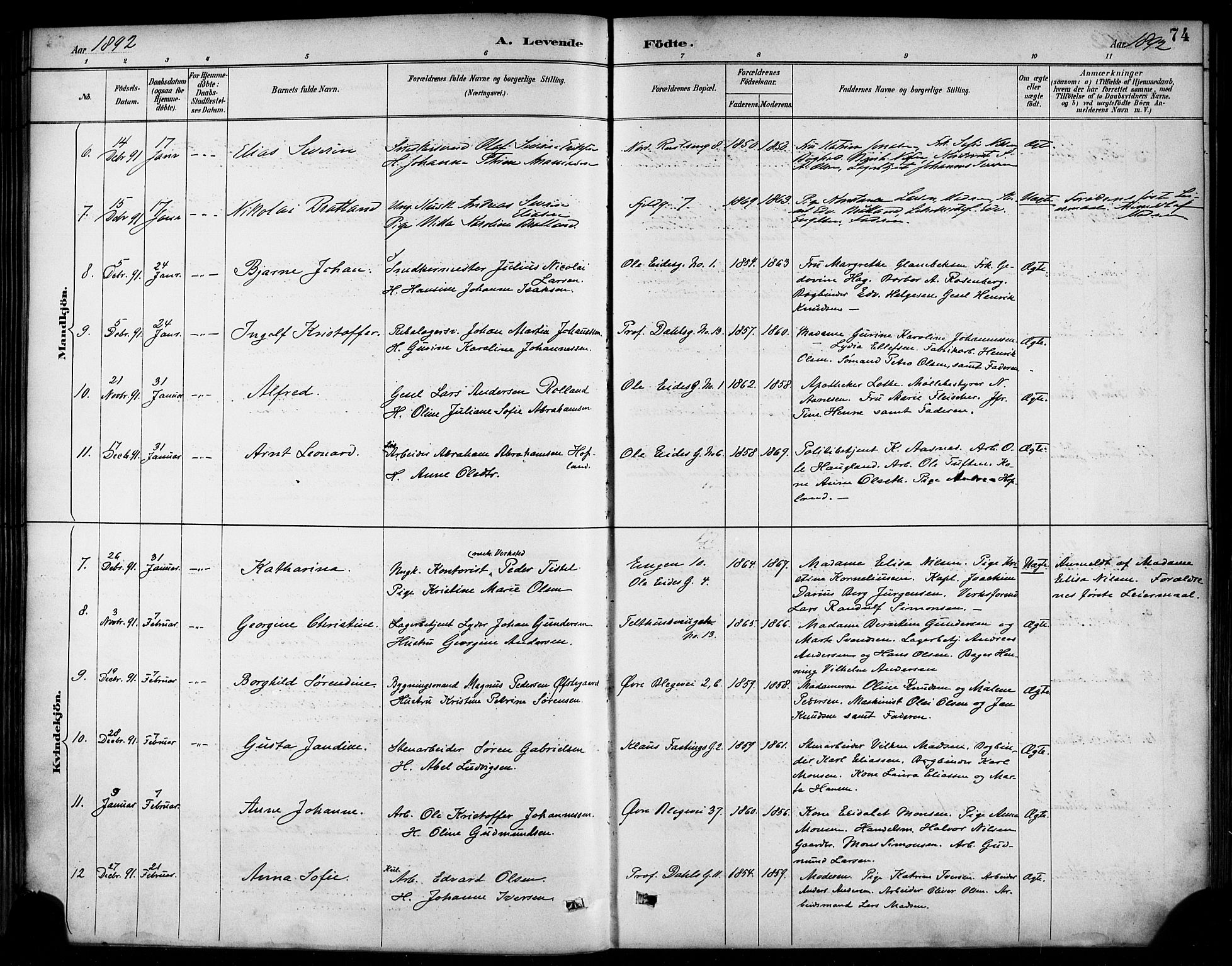 Korskirken sokneprestembete, SAB/A-76101/H/Haa/L0022: Parish register (official) no. B 8, 1889-1899, p. 74