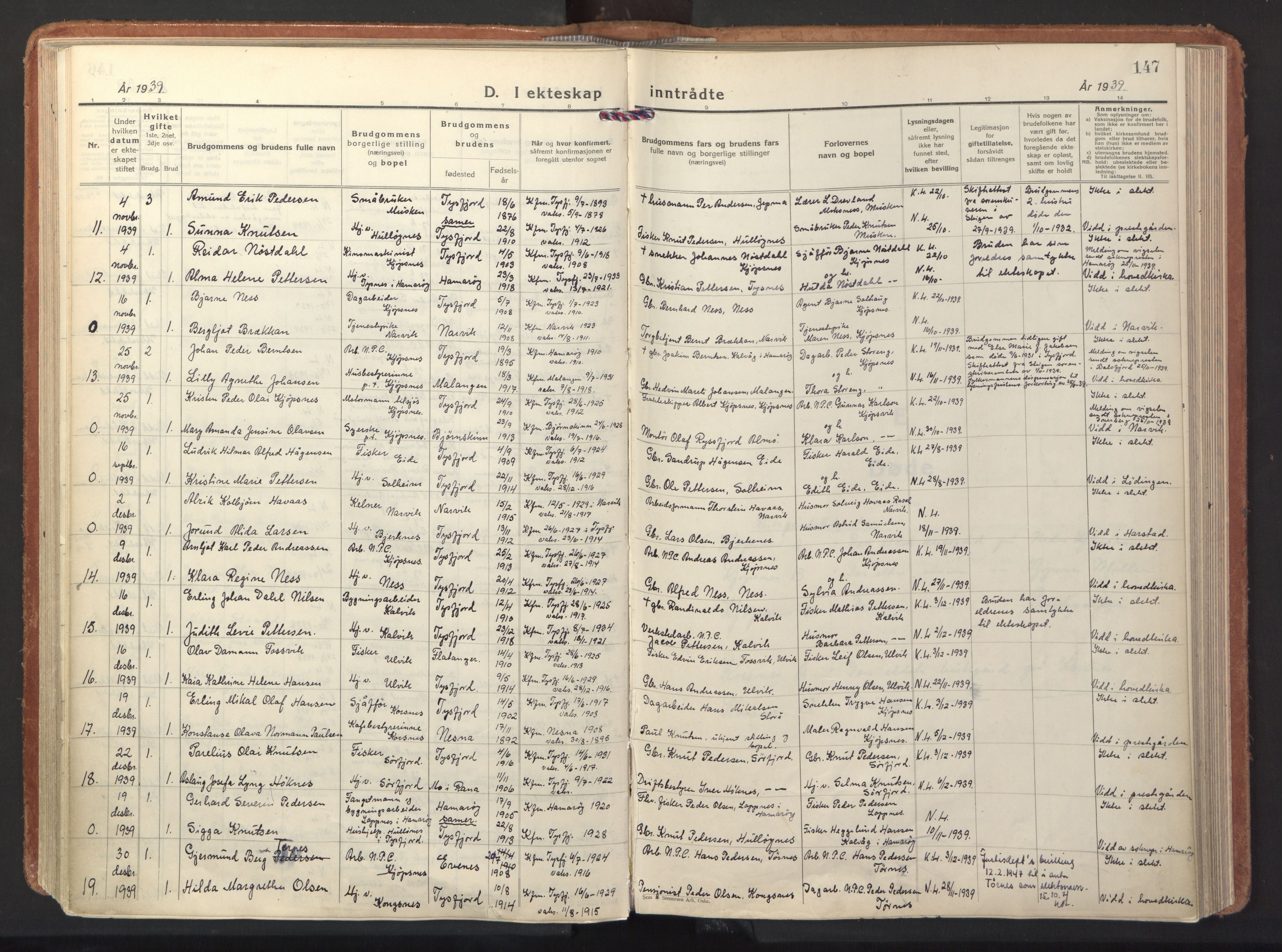 Ministerialprotokoller, klokkerbøker og fødselsregistre - Nordland, AV/SAT-A-1459/861/L0874: Parish register (official) no. 861A09, 1932-1939, p. 147