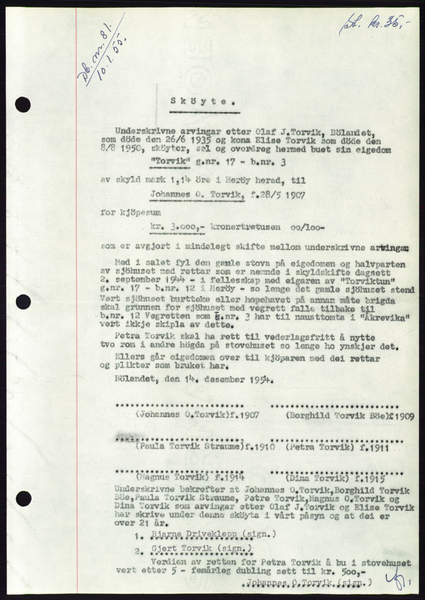 Søre Sunnmøre sorenskriveri, AV/SAT-A-4122/1/2/2C/L0100: Mortgage book no. 26A, 1954-1955, Diary no: : 81/1955