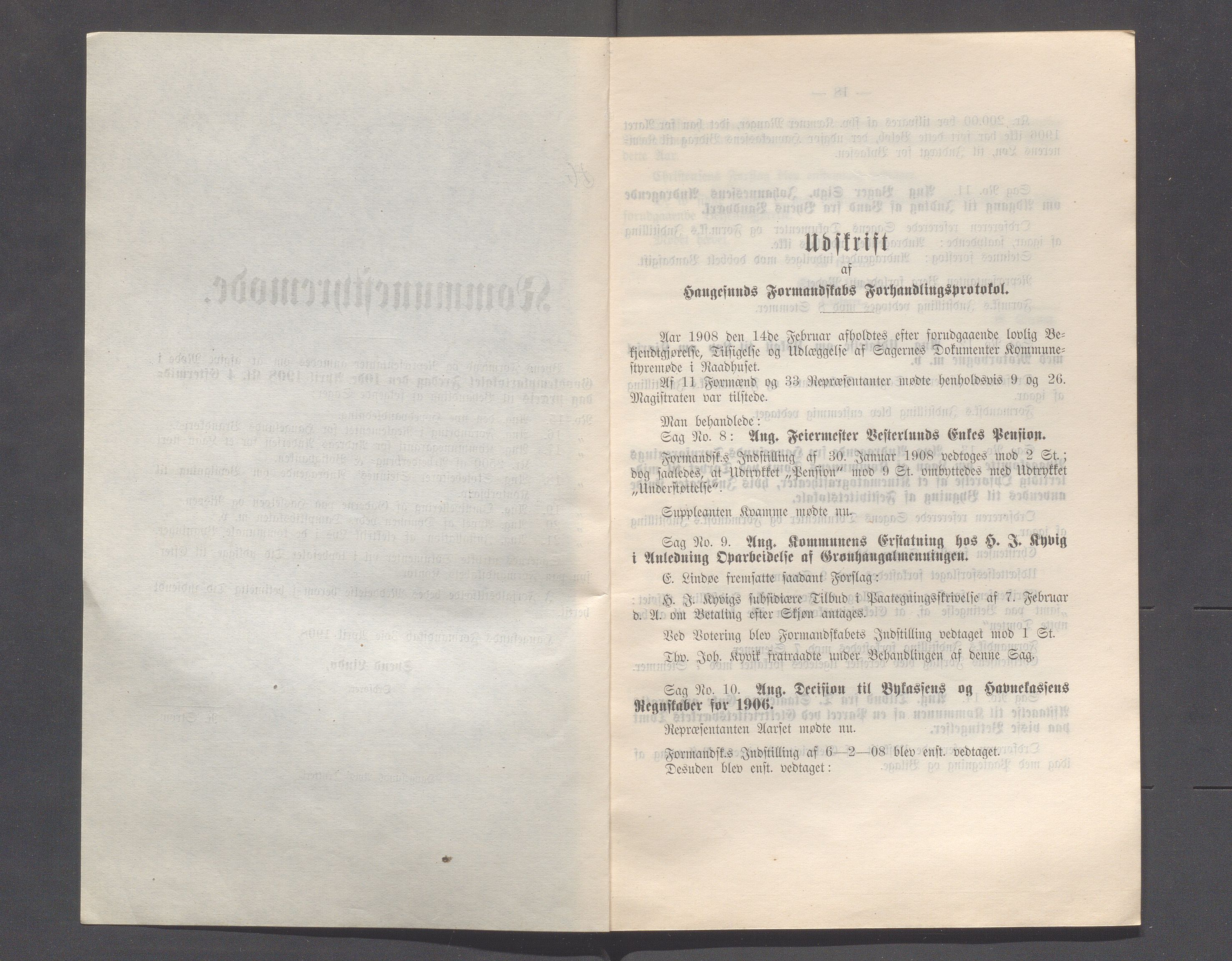 Haugesund kommune - Formannskapet og Bystyret, IKAR/A-740/A/Abb/L0002: Bystyreforhandlinger, 1908-1917, p. 14