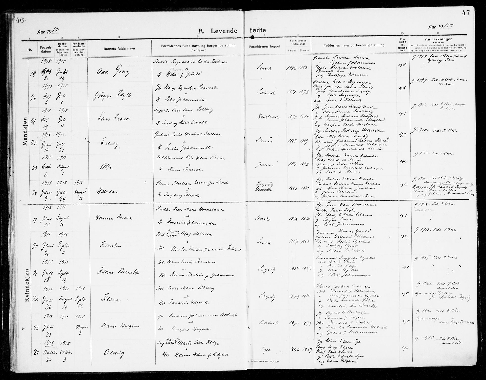 Stord sokneprestembete, AV/SAB-A-78201/H/Haa: Parish register (official) no. B 3, 1913-1925, p. 46-47