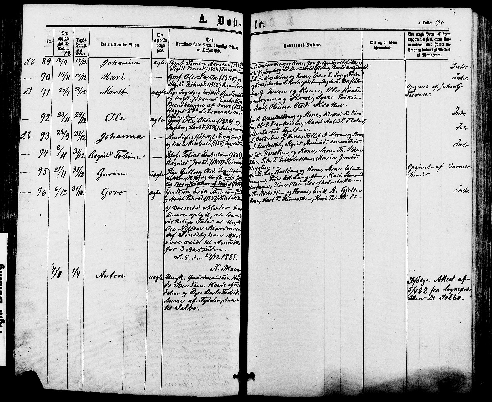 Alvdal prestekontor, AV/SAH-PREST-060/H/Ha/Haa/L0001: Parish register (official) no. 1, 1863-1882, p. 195