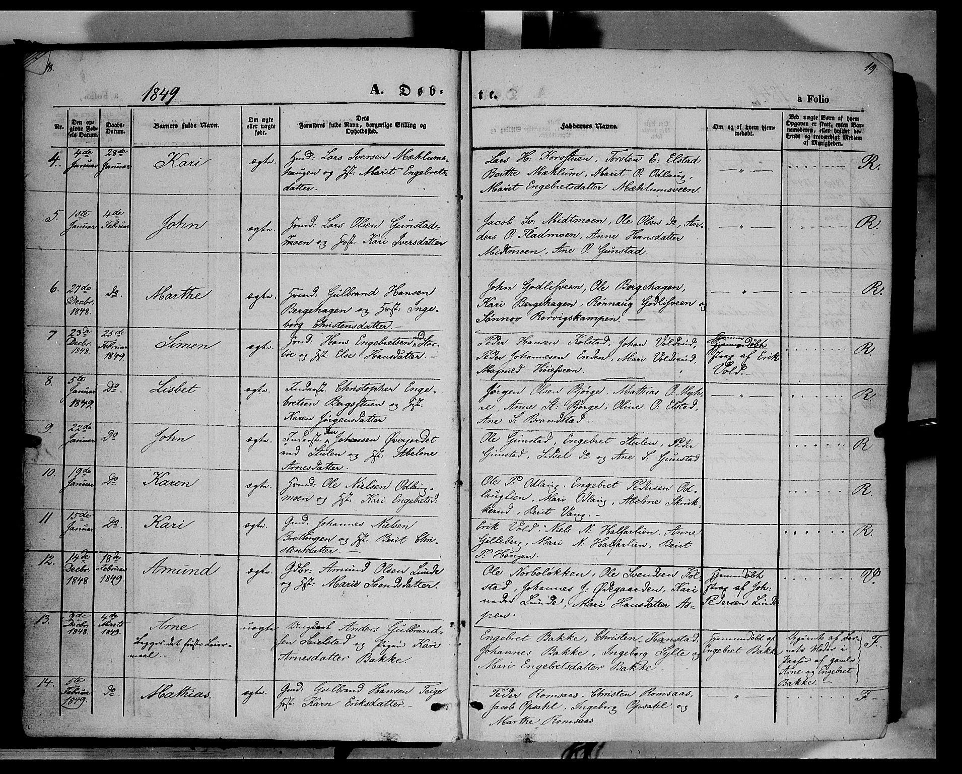 Ringebu prestekontor, SAH/PREST-082/H/Ha/Haa/L0006: Parish register (official) no. 6, 1848-1859, p. 18-19