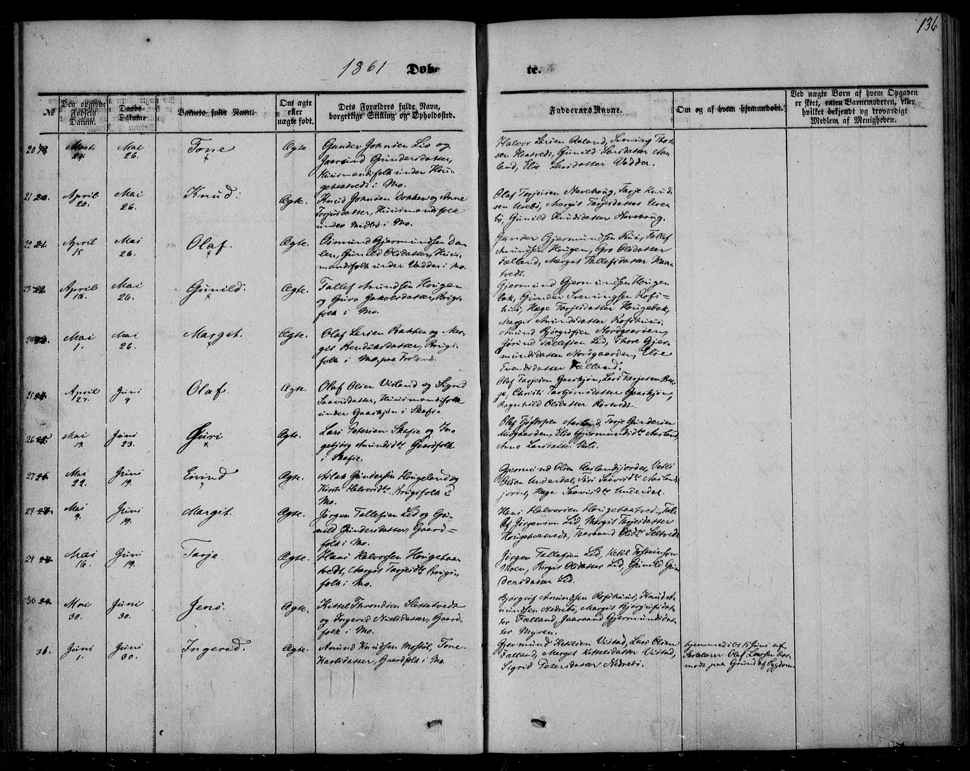 Mo kirkebøker, SAKO/A-286/F/Fa/L0005: Parish register (official) no. I 5, 1844-1864, p. 136