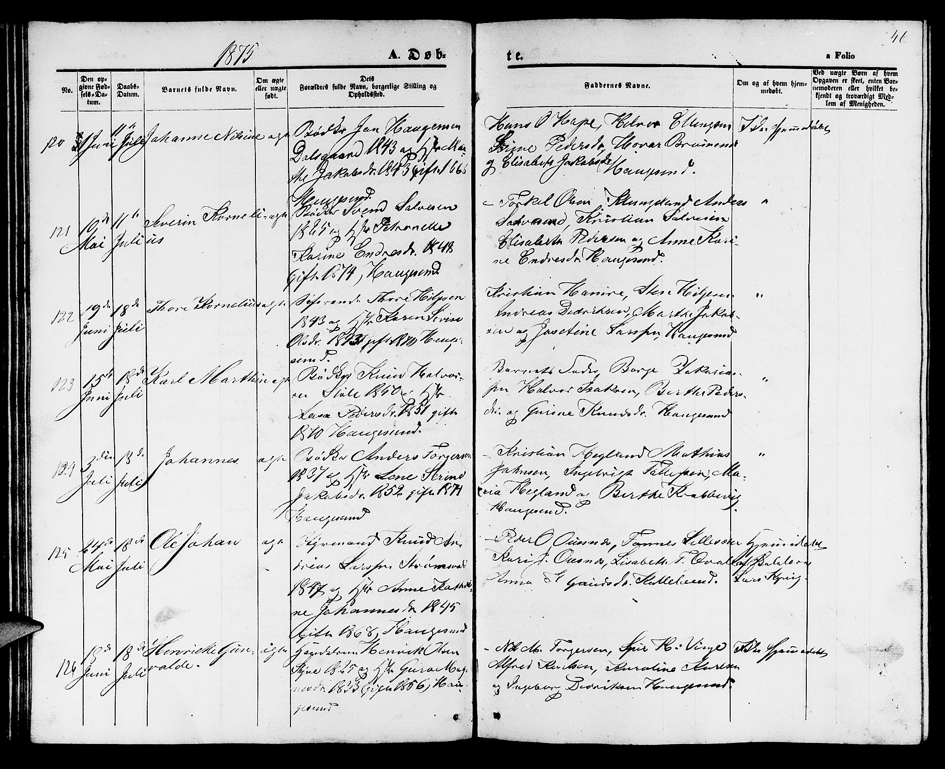 Haugesund sokneprestkontor, SAST/A -101863/H/Ha/Hab/L0001: Parish register (copy) no. B 1, 1873-1881, p. 46