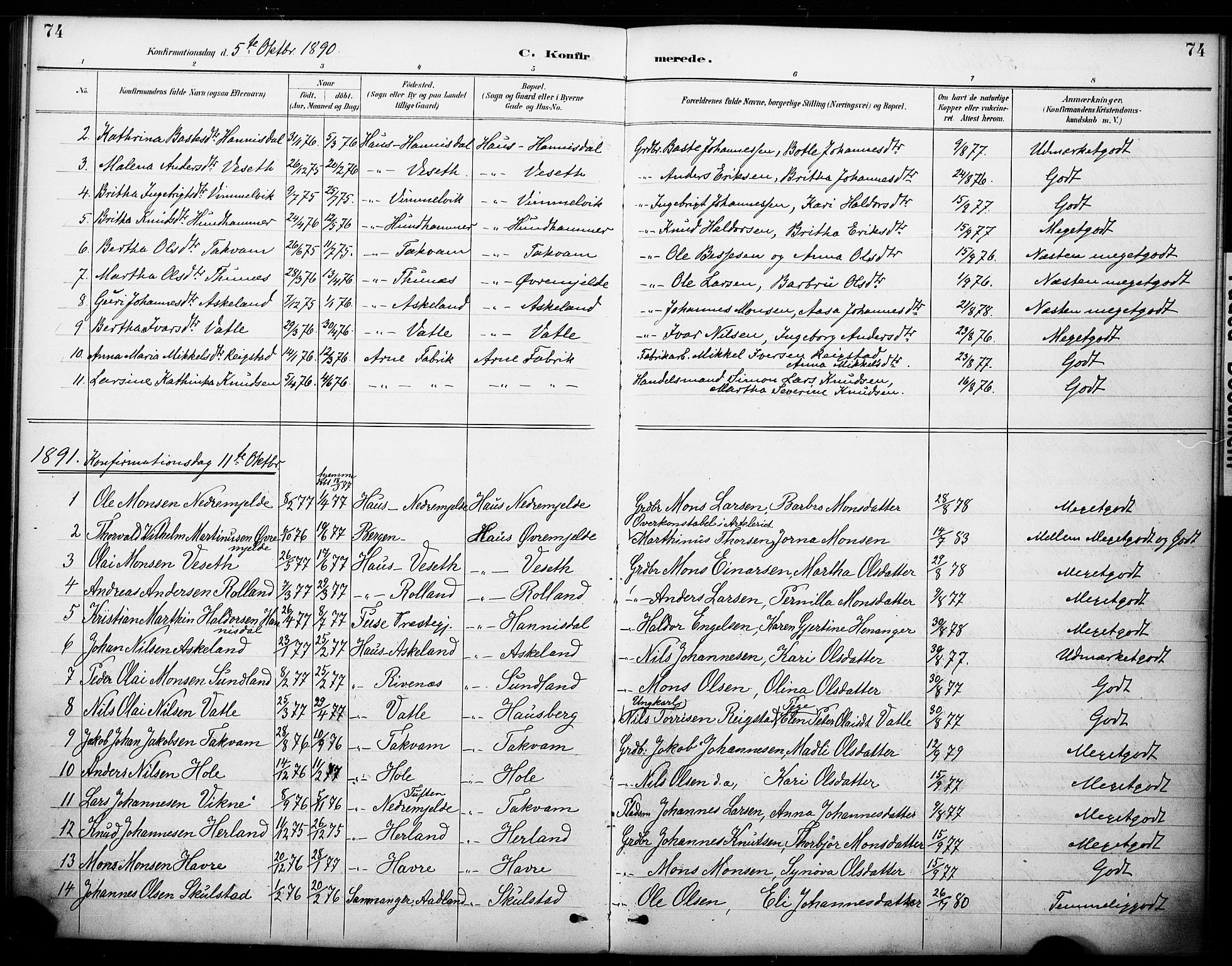 Haus sokneprestembete, AV/SAB-A-75601/H/Haa: Parish register (official) no. B 1, 1887-1898, p. 74