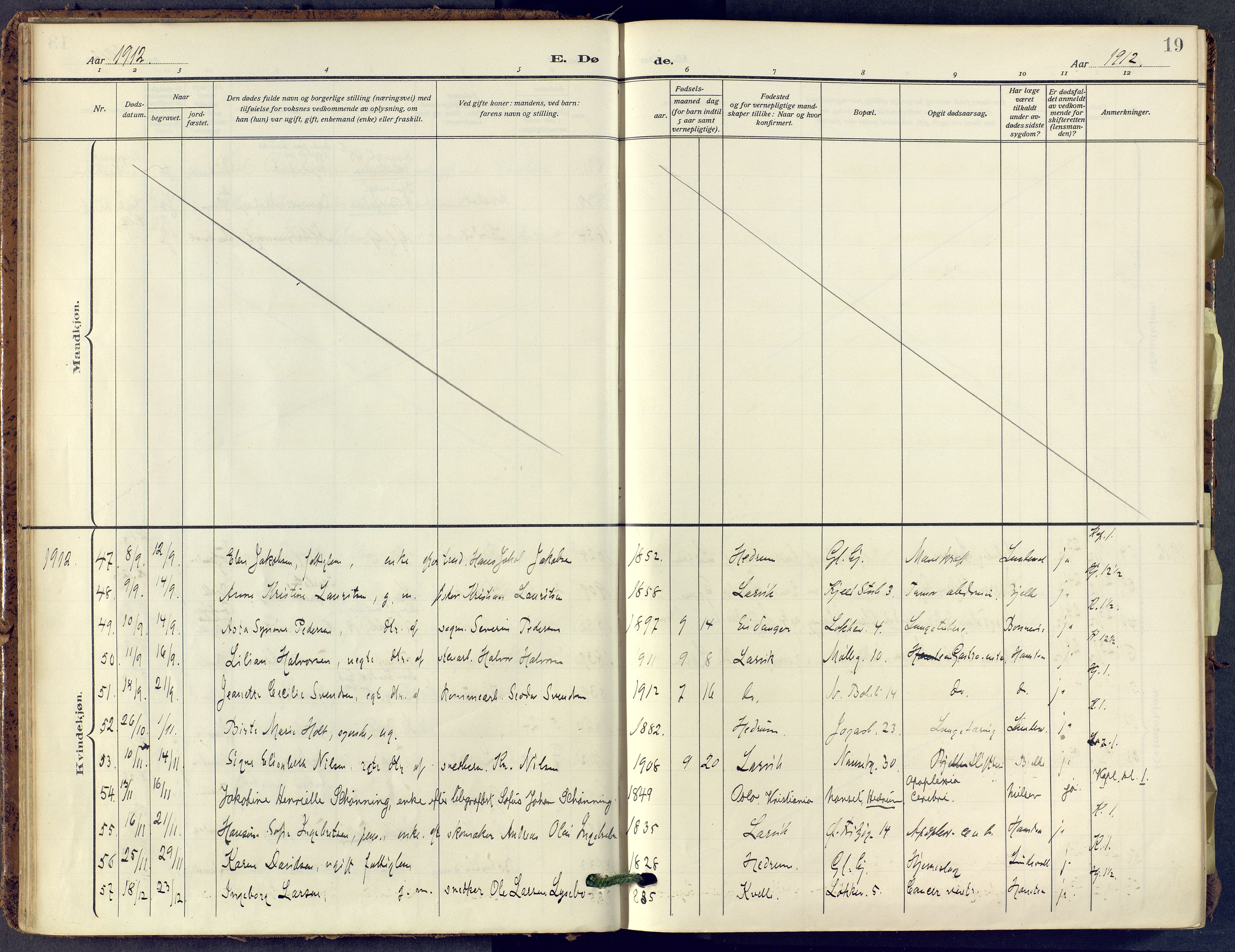 Larvik kirkebøker, AV/SAKO-A-352/F/Fa/L0013: Parish register (official) no. I 13, 1910-1960, p. 19