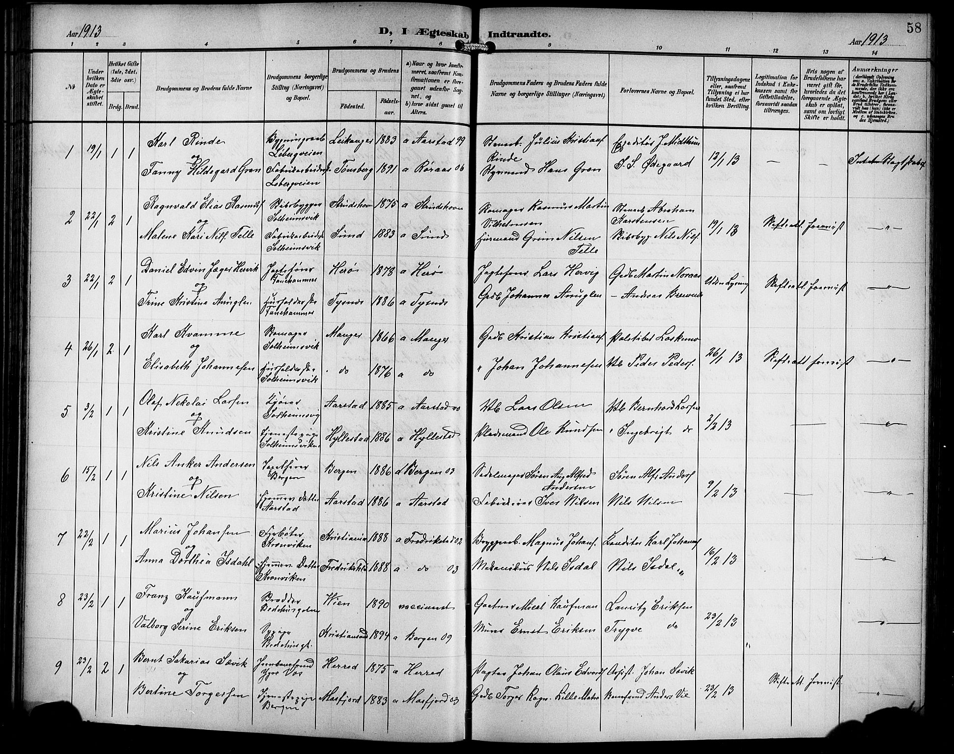 Årstad Sokneprestembete, SAB/A-79301/H/Hab/L0018: Parish register (copy) no. C 1, 1902-1919, p. 58