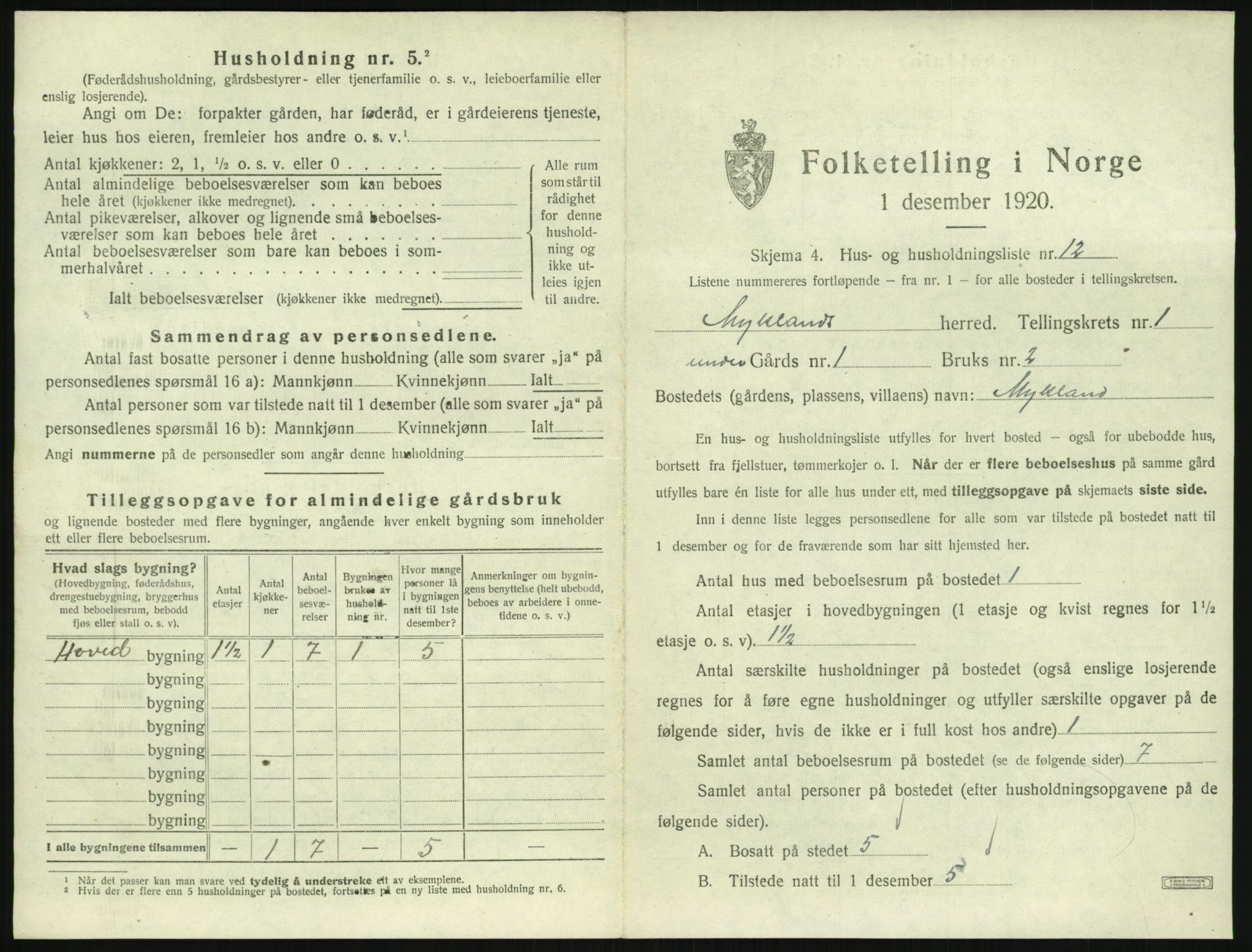 SAK, 1920 census for Mykland, 1920, p. 48