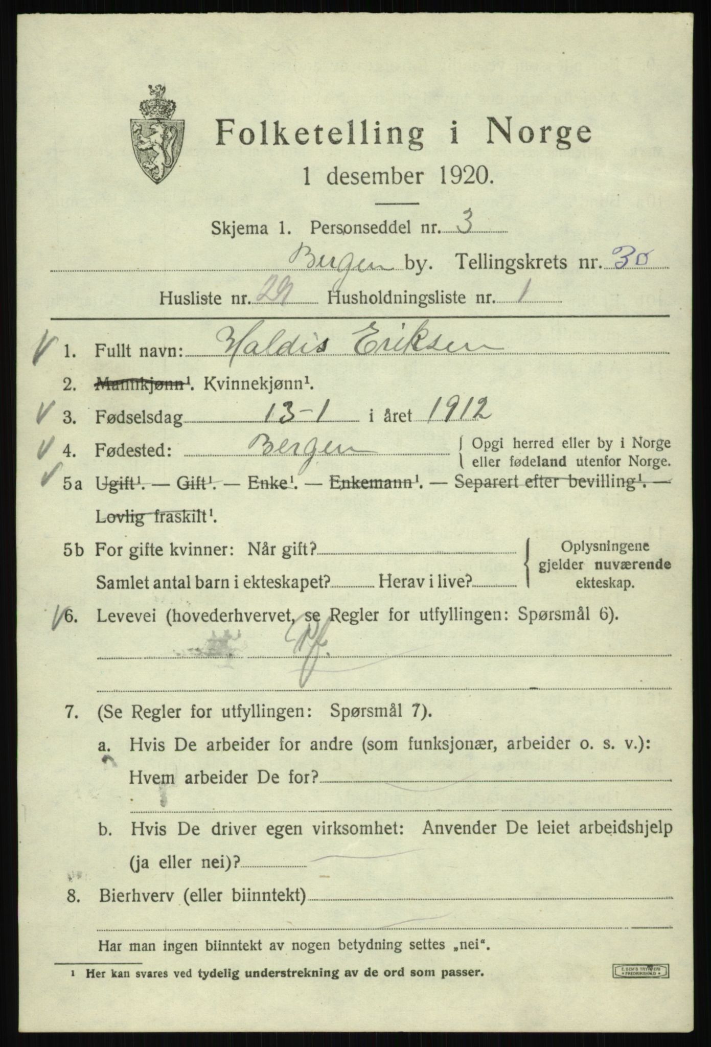 SAB, 1920 census for Bergen, 1920, p. 95834