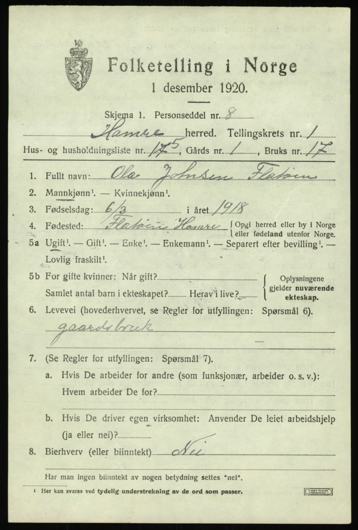 SAB, 1920 census for Hamre, 1920, p. 1173