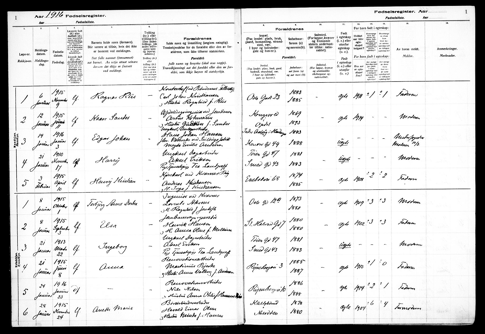 Gamlebyen prestekontor Kirkebøker, AV/SAO-A-10884/J/Ja/L0001: Birth register no. 1, 1916-1936, p. 1