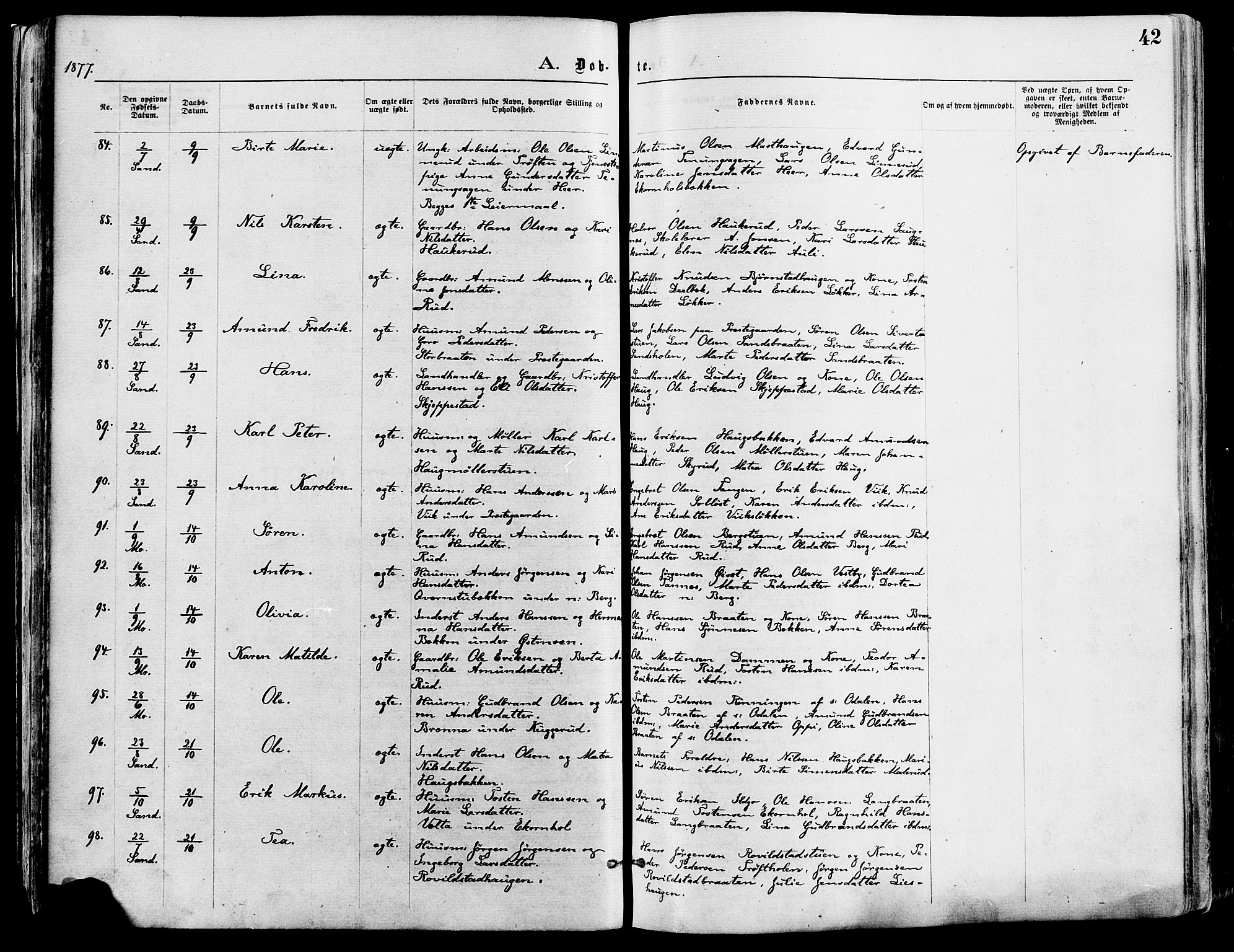 Nord-Odal prestekontor, AV/SAH-PREST-032/H/Ha/Haa/L0005: Parish register (official) no. 5, 1874-1885, p. 42