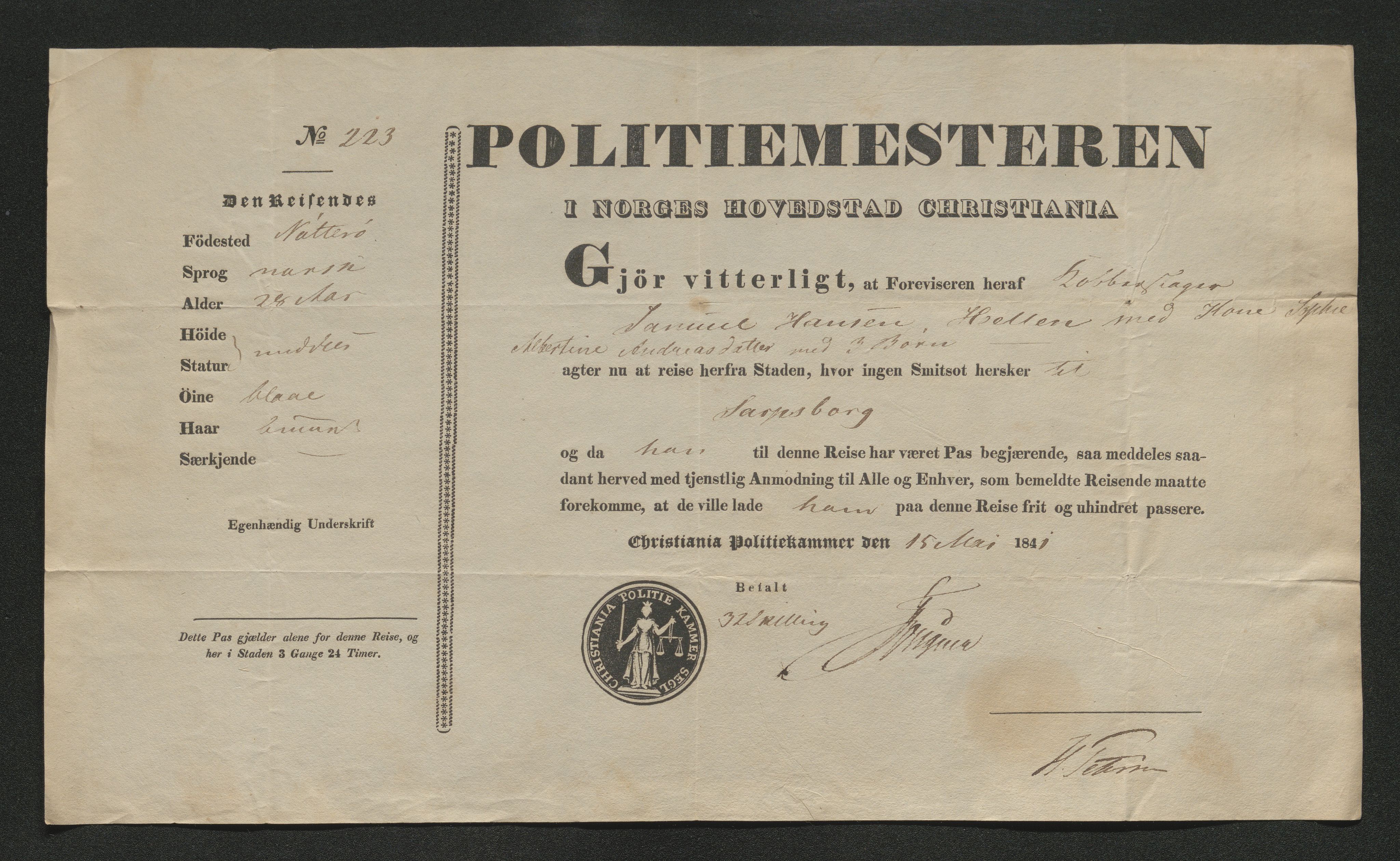 Drammen politikammer, AV/SAKO-A-623/I/Ia/Iab/L0006: Innleverte pass, 1841-1842, p. 254