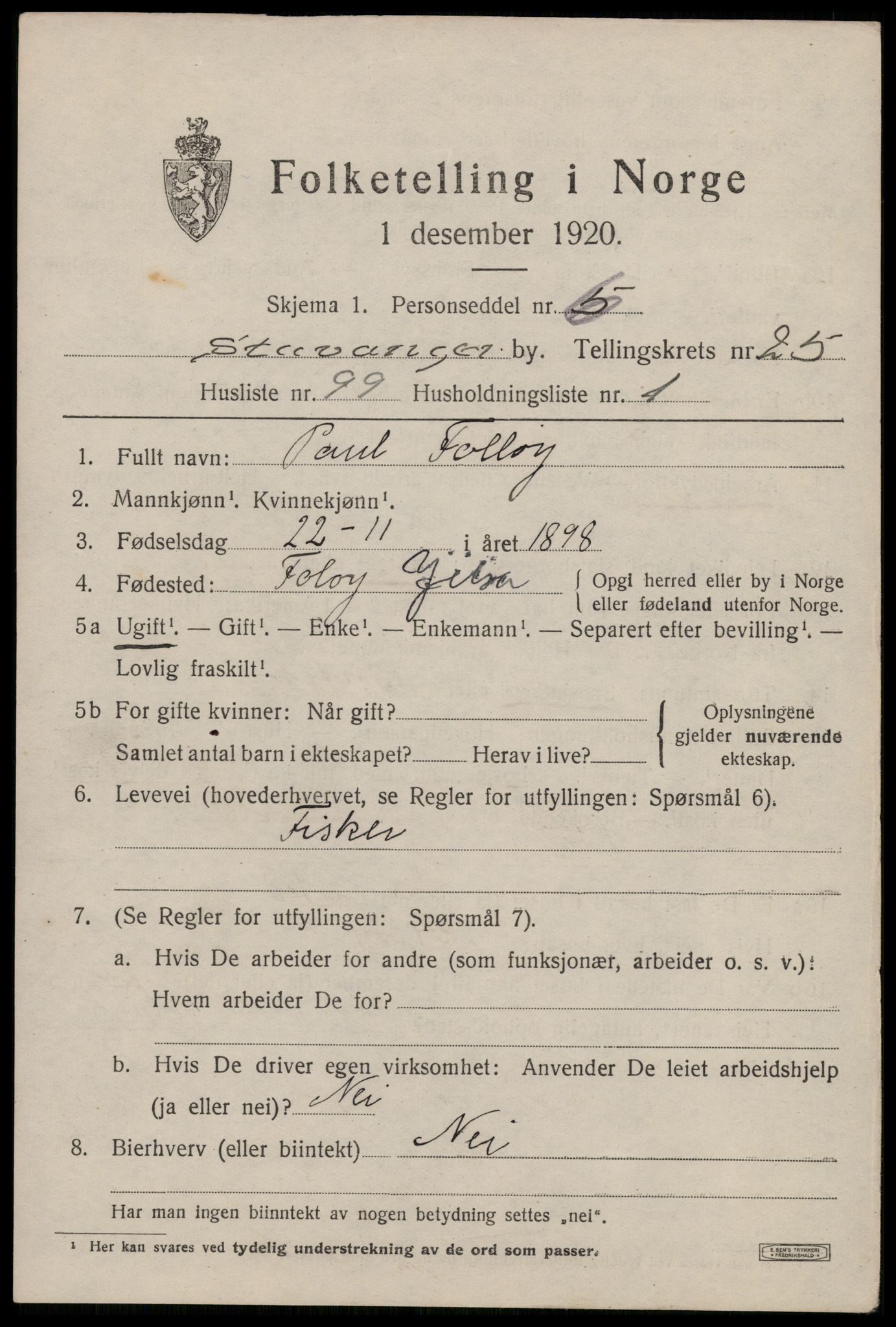 SAST, 1920 census for Stavanger, 1920, p. 77778